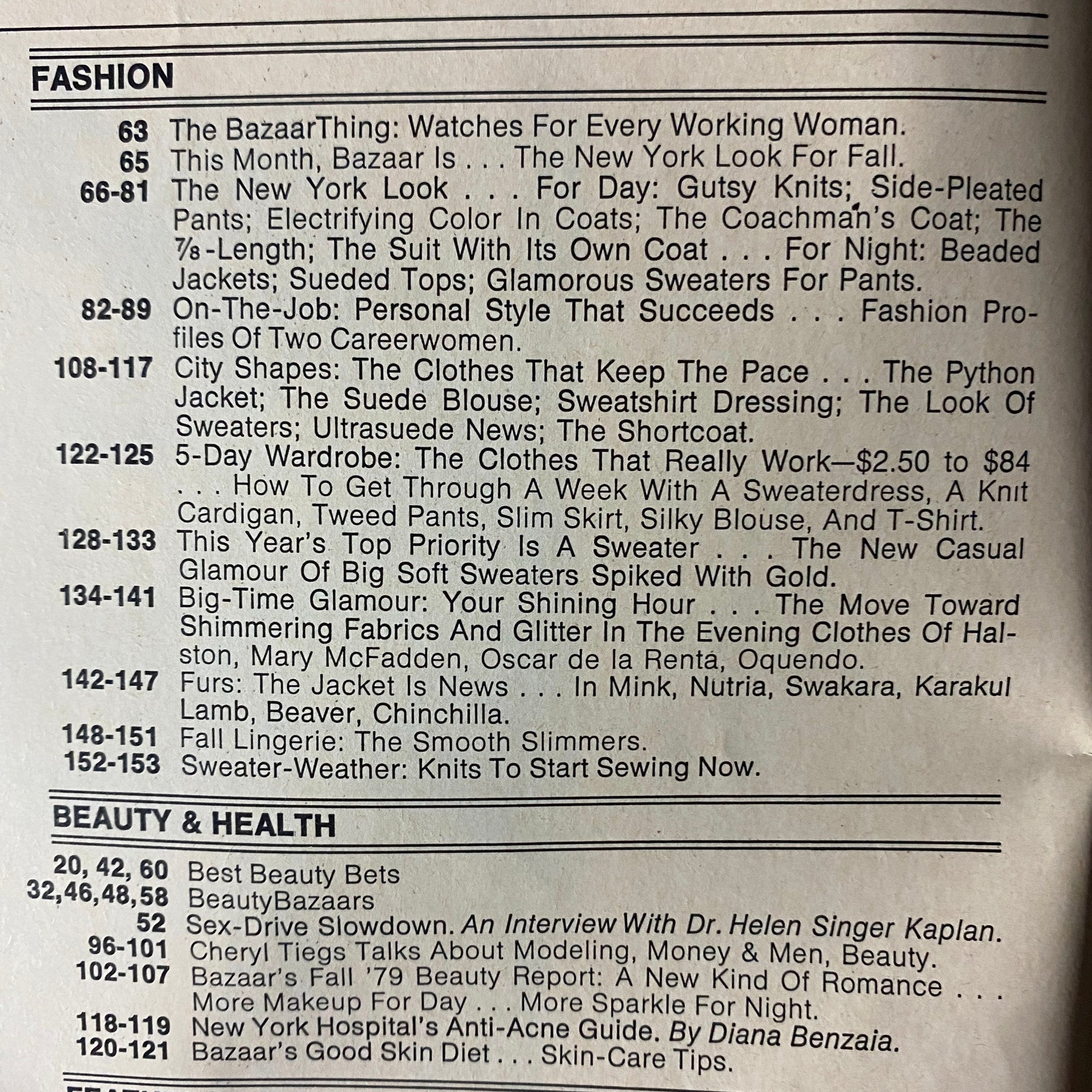 Table of contents from Harper's Bazaar Magazine August 1979, detailing sections on fashion and beauty, signifying the magazine's focus on seasonal trends and style tips.