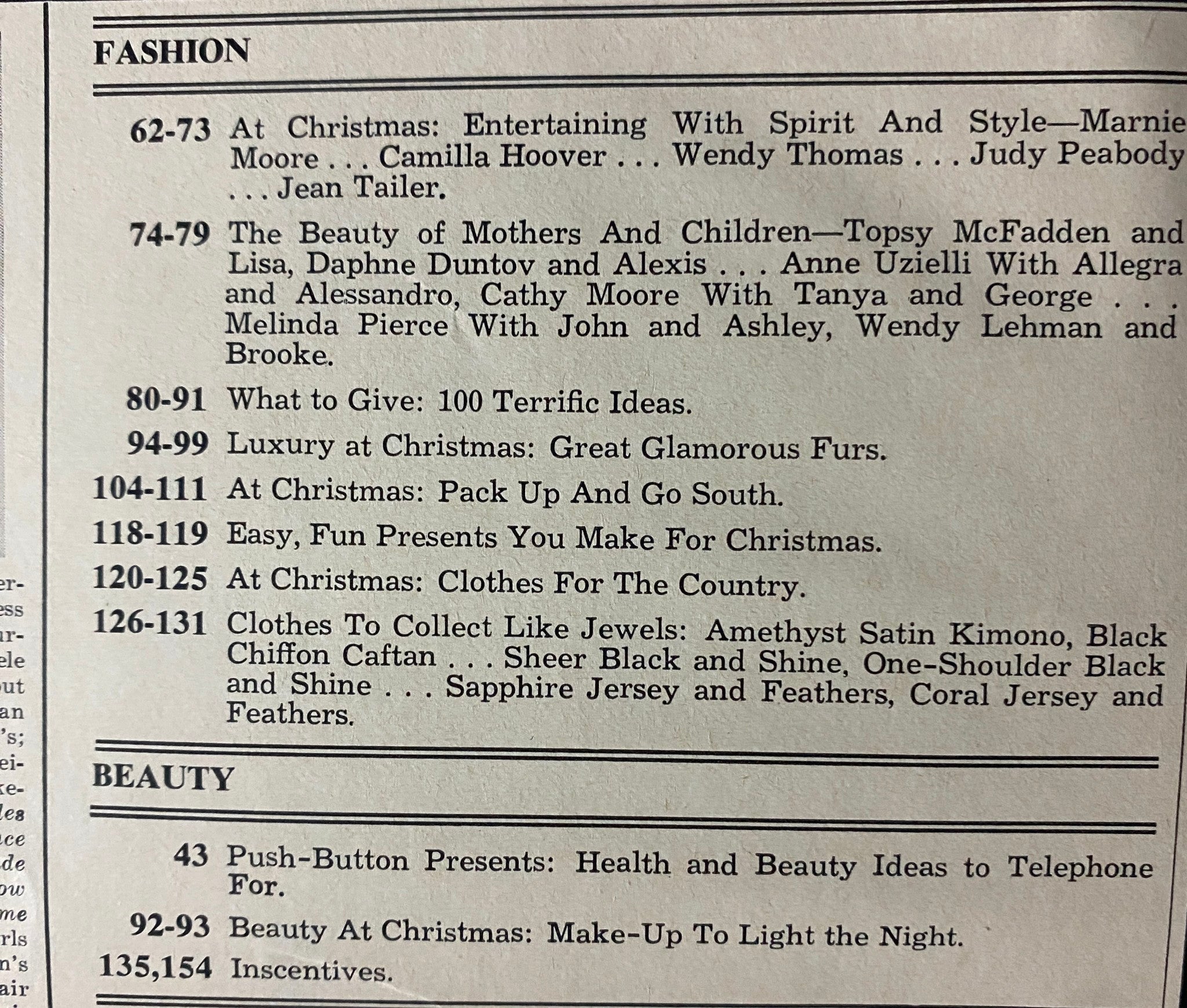 Table of contents from Harper's Bazaar Magazine December 1973, listing articles on fashion, beauty, and holiday inspirations.