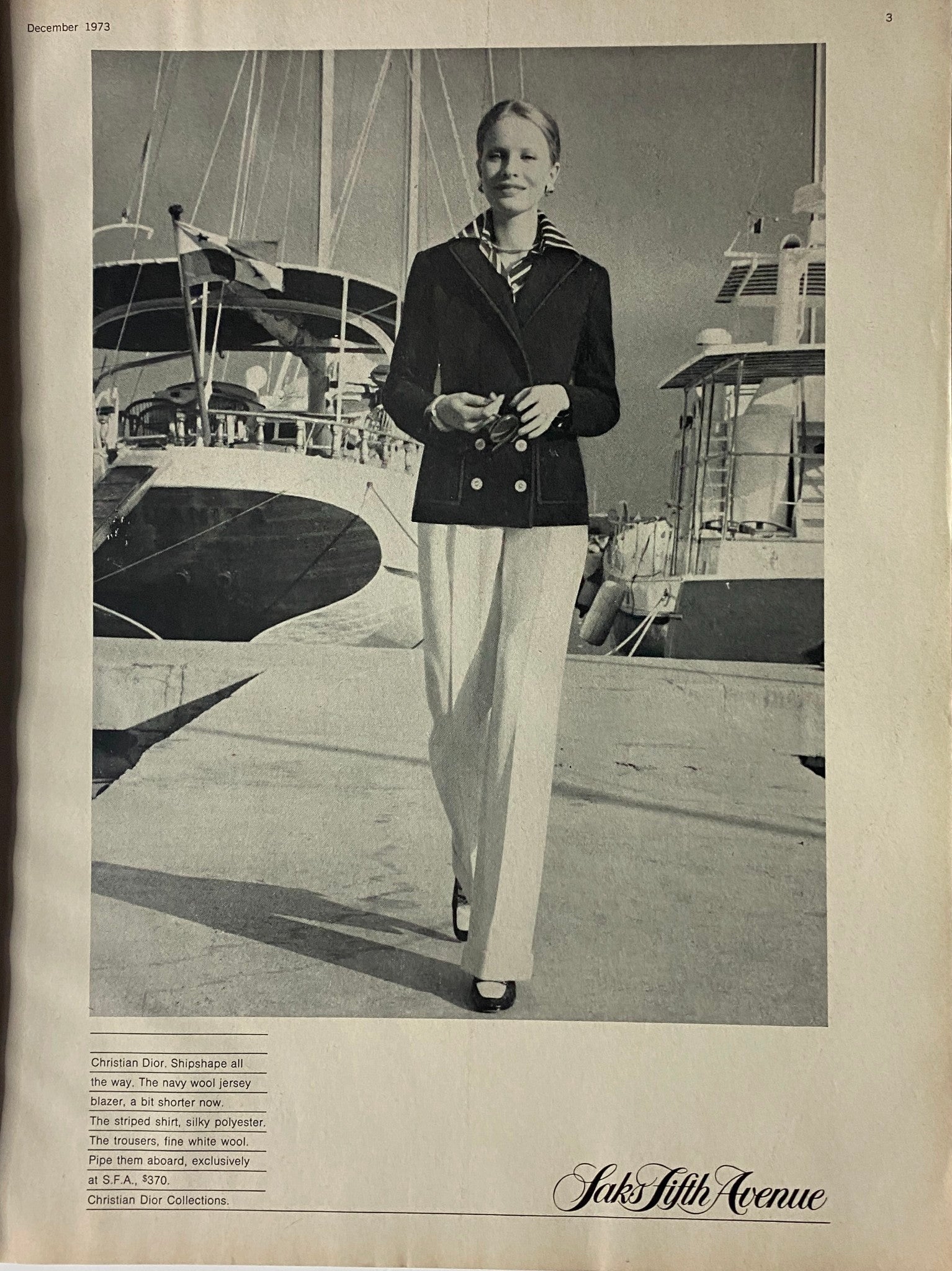 Fashion spread from Harper's Bazaar Magazine December 1973 featuring a model in a Christian Dior outfit, highlighting winter styles aboard a yacht.