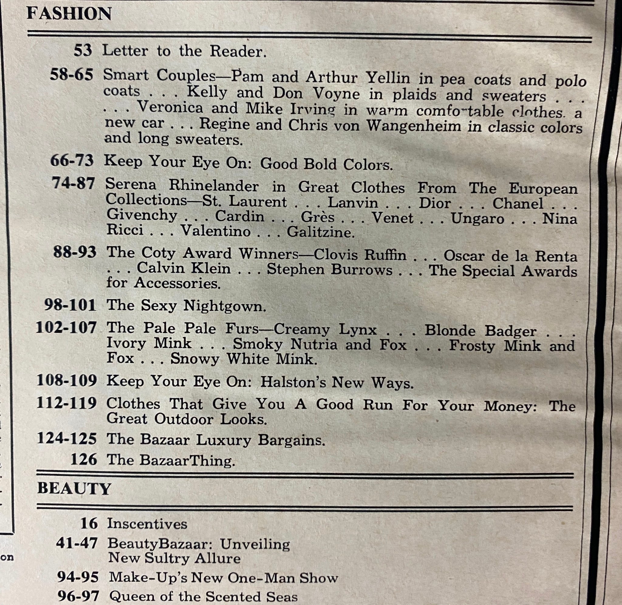 Interior page of Harper's Bazaar Magazine October 1973 listing features such as fashion highlights and beauty trends showcasing the stylish offerings of the time.
