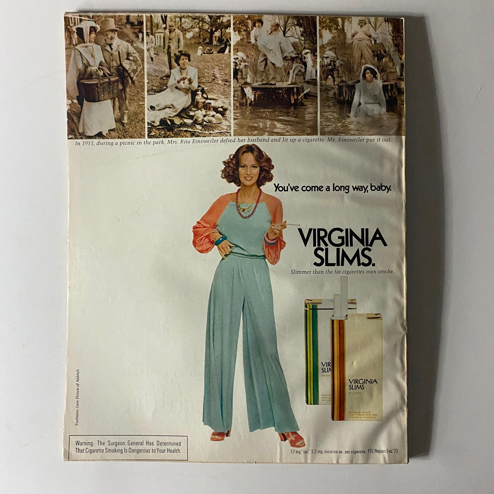Back cover of Harper's Bazaar Magazine October 1973 featuring a vintage advertisement for Virginia Slims cigarettes, reflecting advertising trends of the decade.