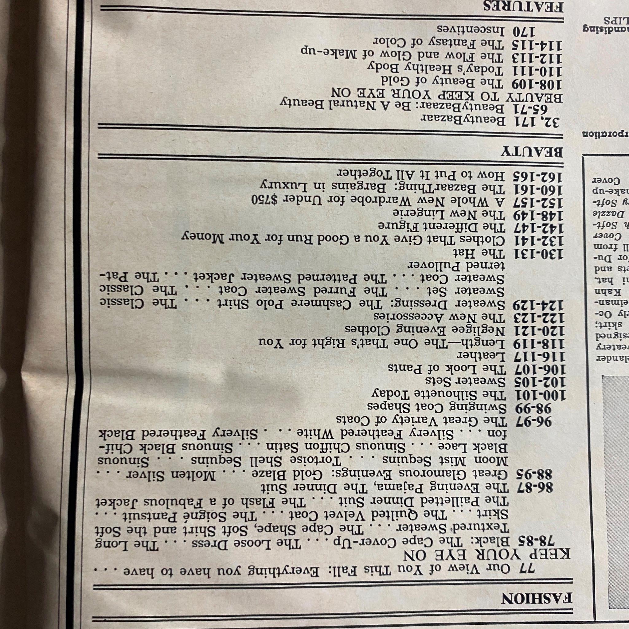 Inside page of Harper's Bazaar Magazine September 1973, displaying features and articles on fashion and beauty trends, reflective of early 1970s styles.