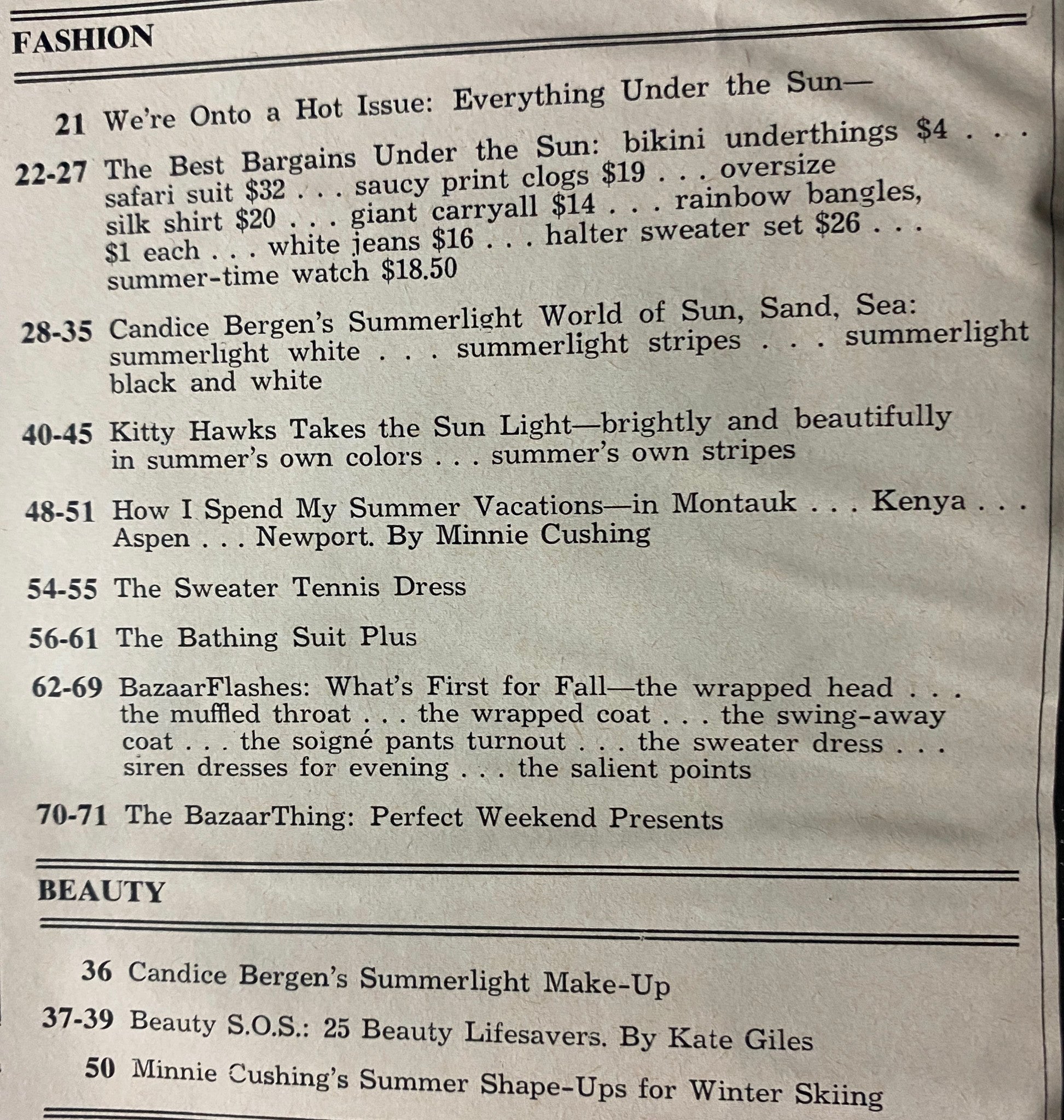 Contents page of Harper's Bazaar Magazine July 1973 listing articles on summer fashion and beauty tips from notable contributors.