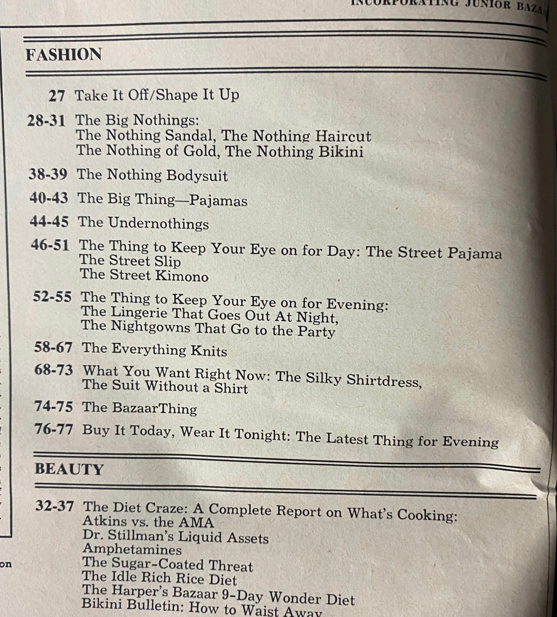 Table of contents from Harper's Bazaar Magazine June 1973 listing fashion articles and beauty insights.