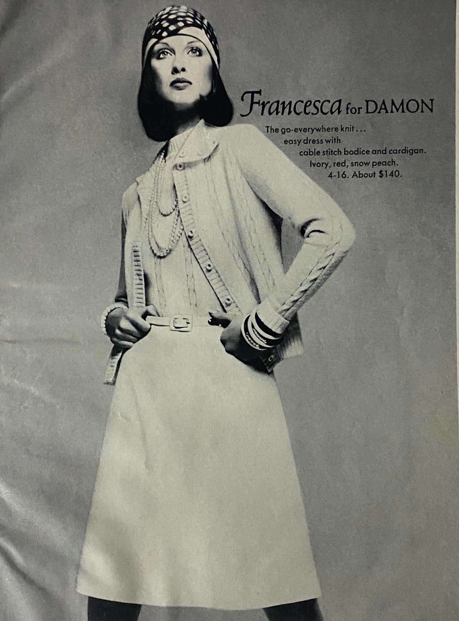 Vintage fashion advertisement featuring a model in a stylish knit outfit from Harper's Bazaar Magazine June 1973.