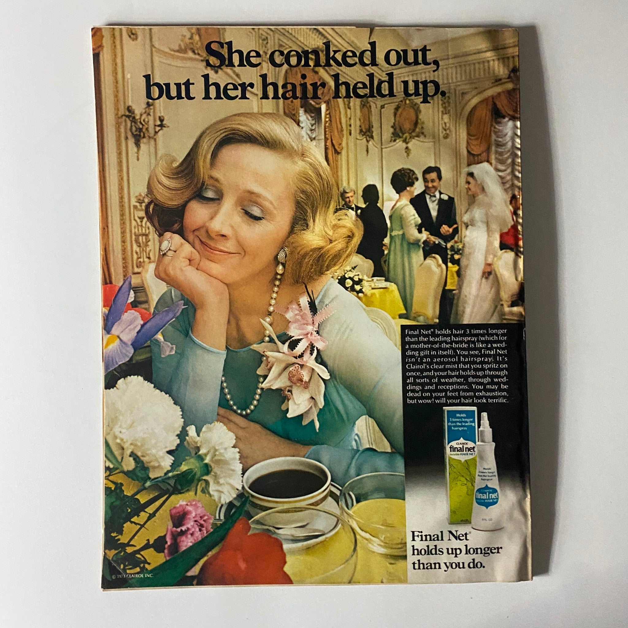 Advertisement from Harper's Bazaar Magazine June 1973 showcasing hair product Final Net with a model in a glamorous setting.