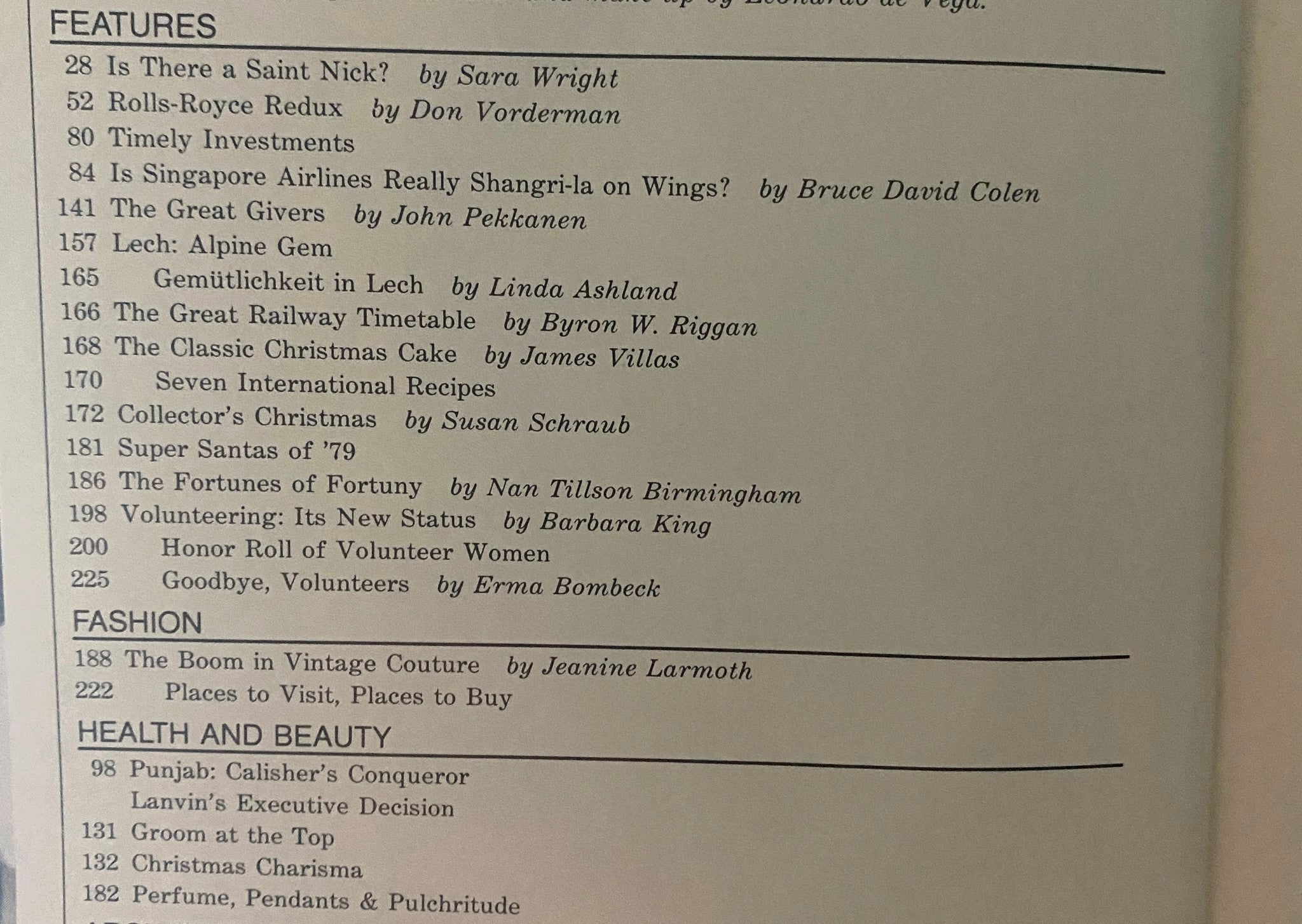 Contents page from Town & Country Magazine December 1979, listing features and articles reflecting holiday themes and vintage fashion.