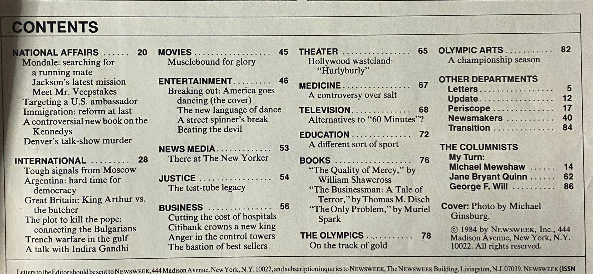 Contents page of the July 2, 1984 Newsweek Magazine listing features including 'Mondale: searching for a running mate' and 'Breaking out: America goes dancing', providing a glimpse into the political and entertainment landscape of the era.