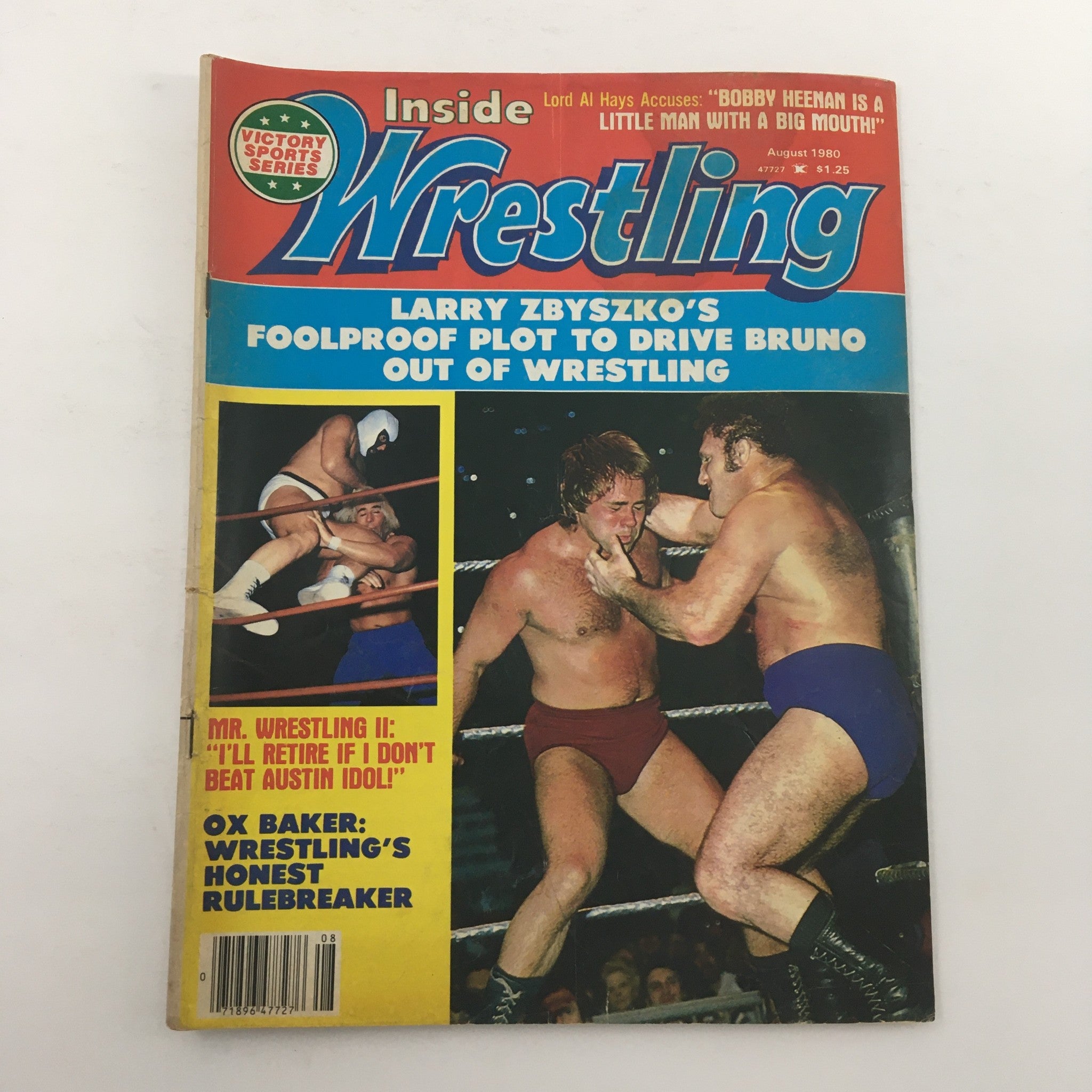 Cover of Inside Wrestling Magazine August 1980 featuring Larry Zbysko, Ox Baker, and Lord Al Hayes. The magazine highlights wrestling events and personalities of the era.