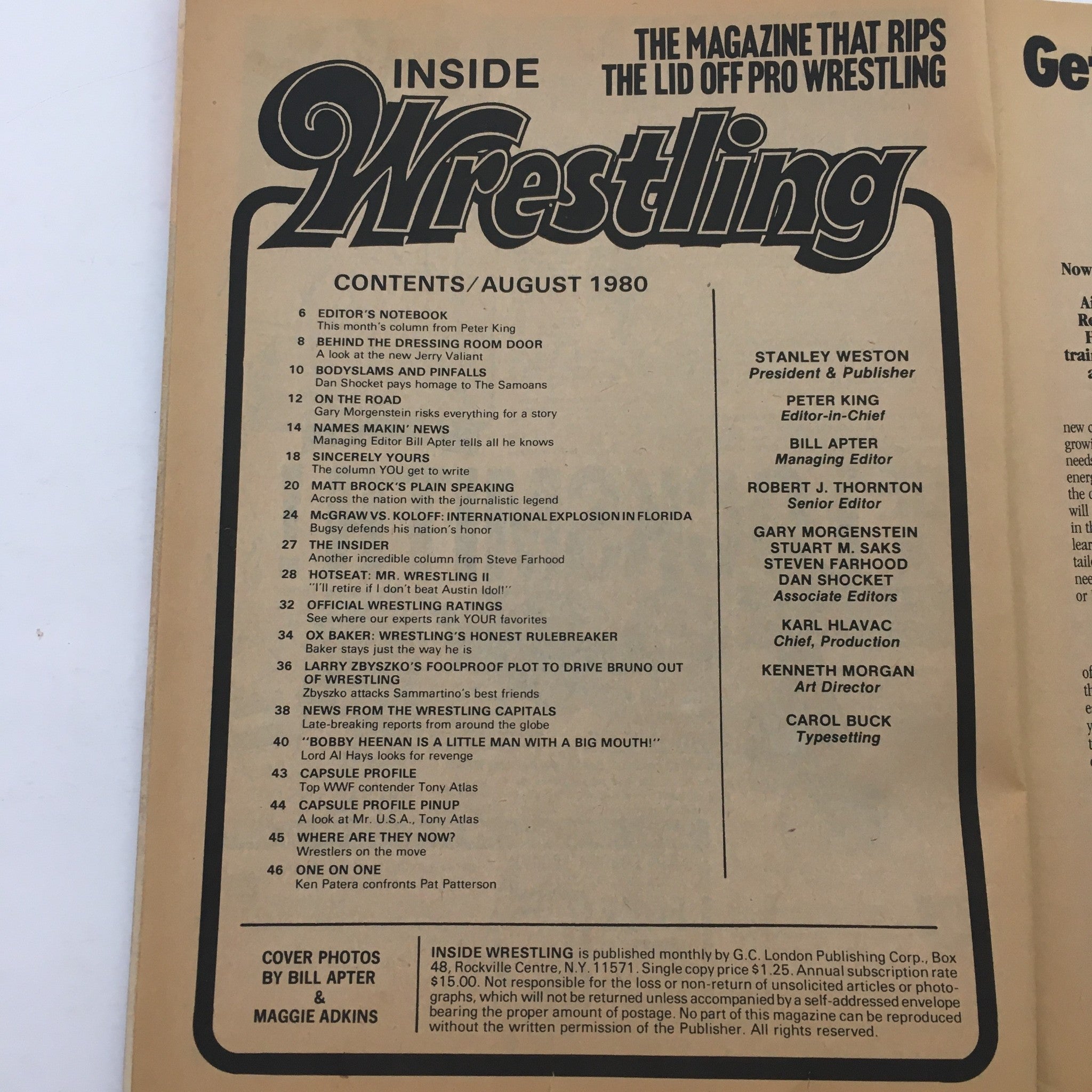 Contents page of Inside Wrestling Magazine August 1980, listing articles and features including Larry Zbysko's plot against Bruno and Ox Baker's profile.