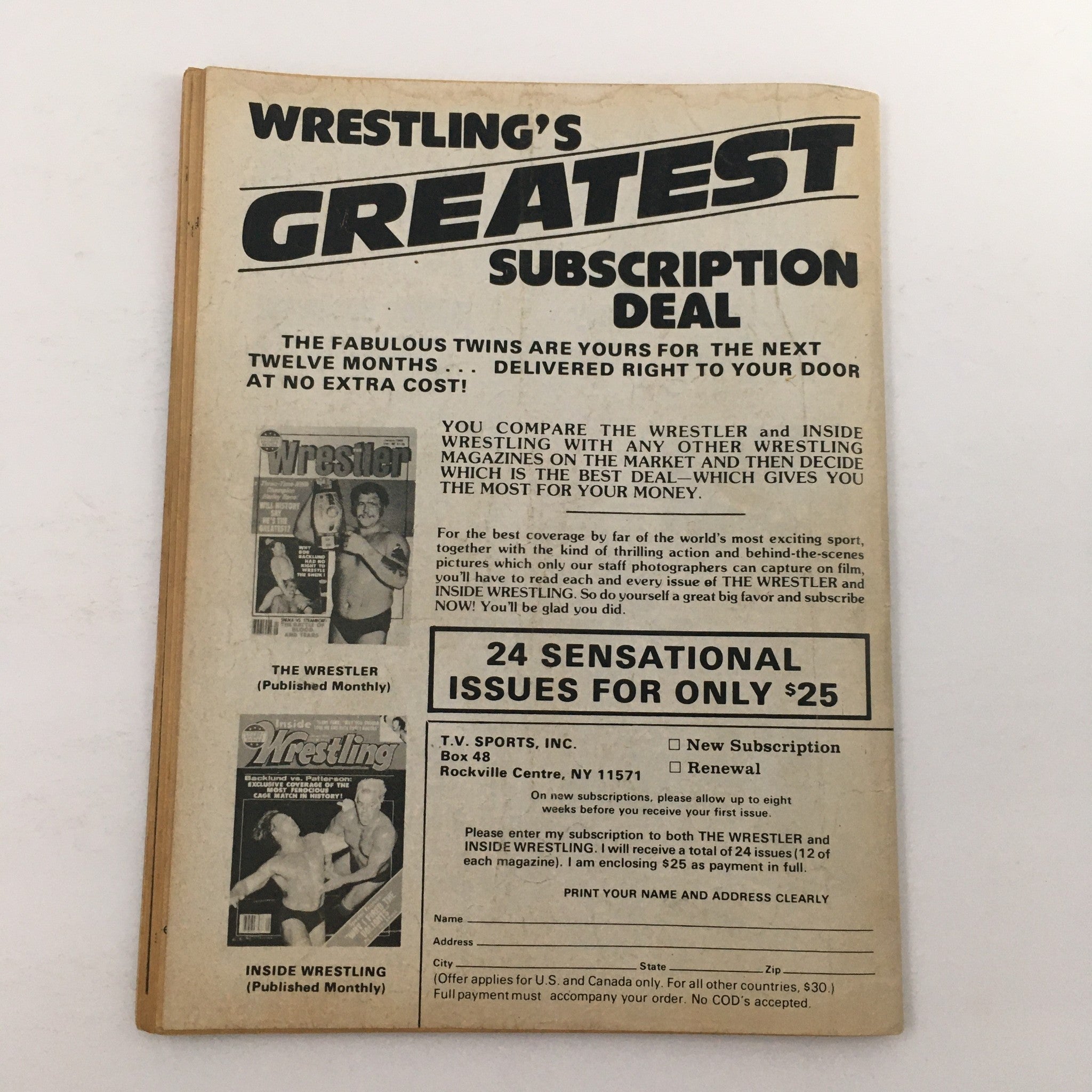 Subscription offer page from Inside Wrestling Magazine August 1980 promoting a great deal for wrestling fans to subscribe and receive monthly issues.