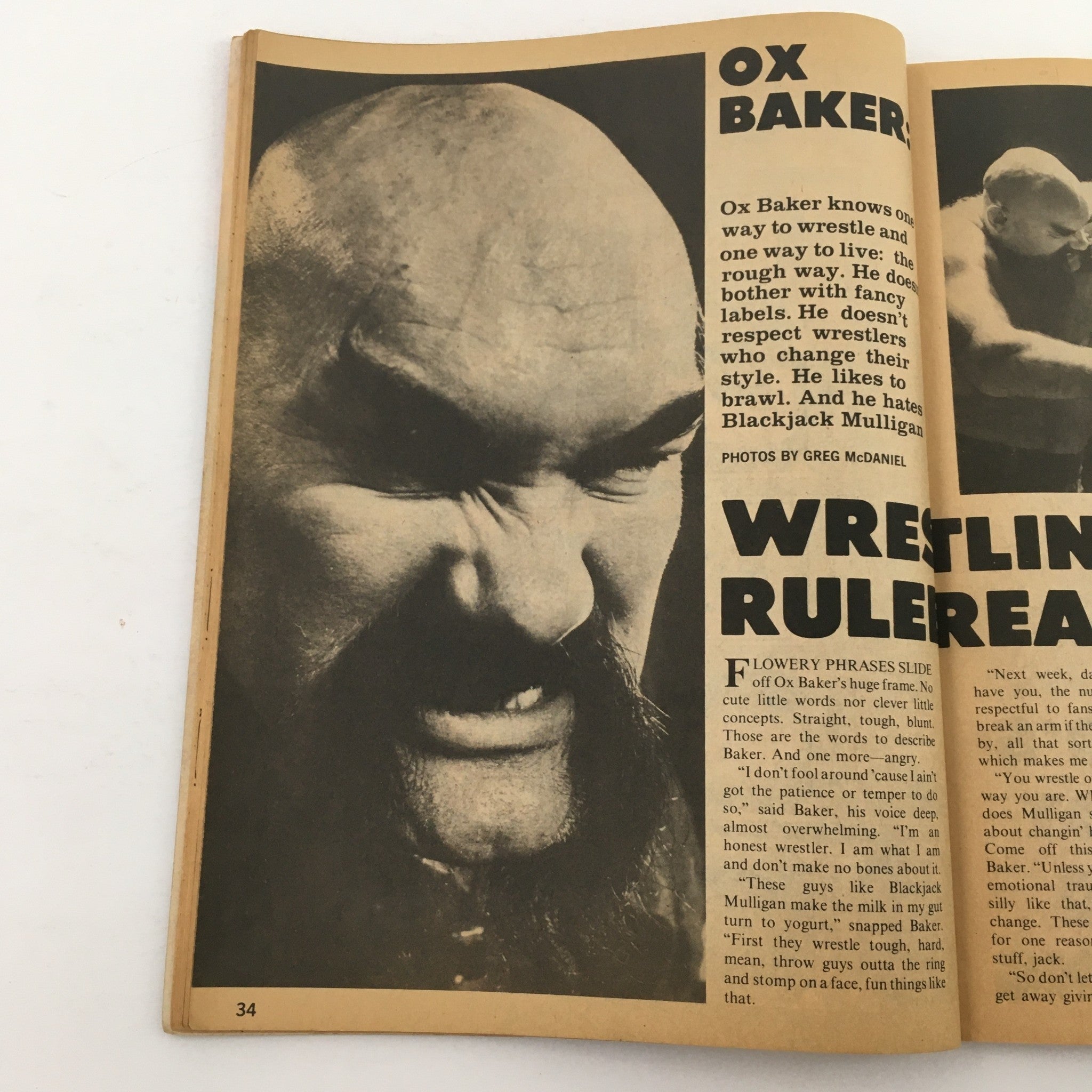 Inside Wrestling Magazine August 1980 - A close-up of wrestler Ox Baker showcasing his fierce demeanor and signature style, as featured in the issue.