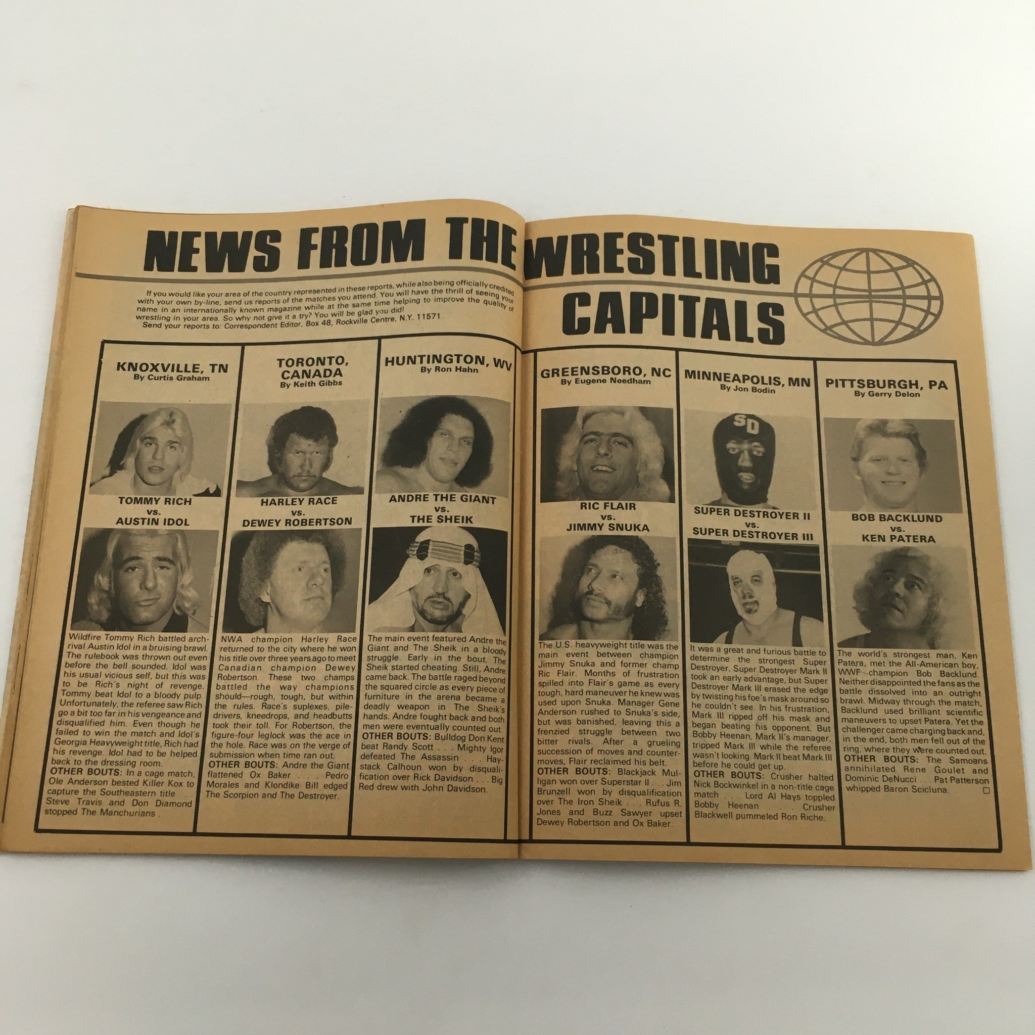 Inside Wrestling Magazine August 1980 - A page featuring a wrestling news segment highlighting notable wrestlers like Andre the Giant, Ric Flair, and more, providing insights into the wrestling scene of the time.