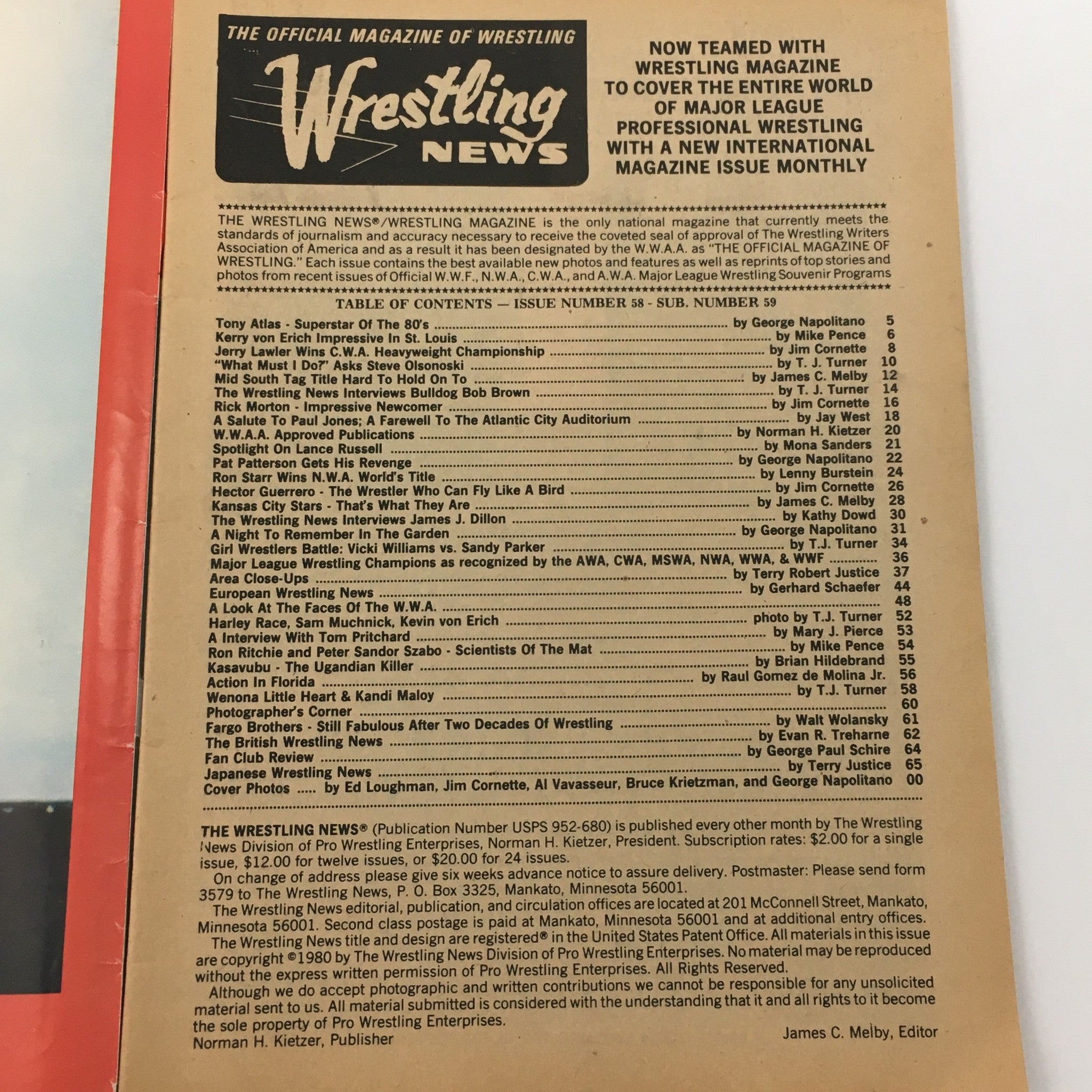 Wrestling News Magazine Issue 58 #59 1980 Tony Atlas and Pat Patterson Feature