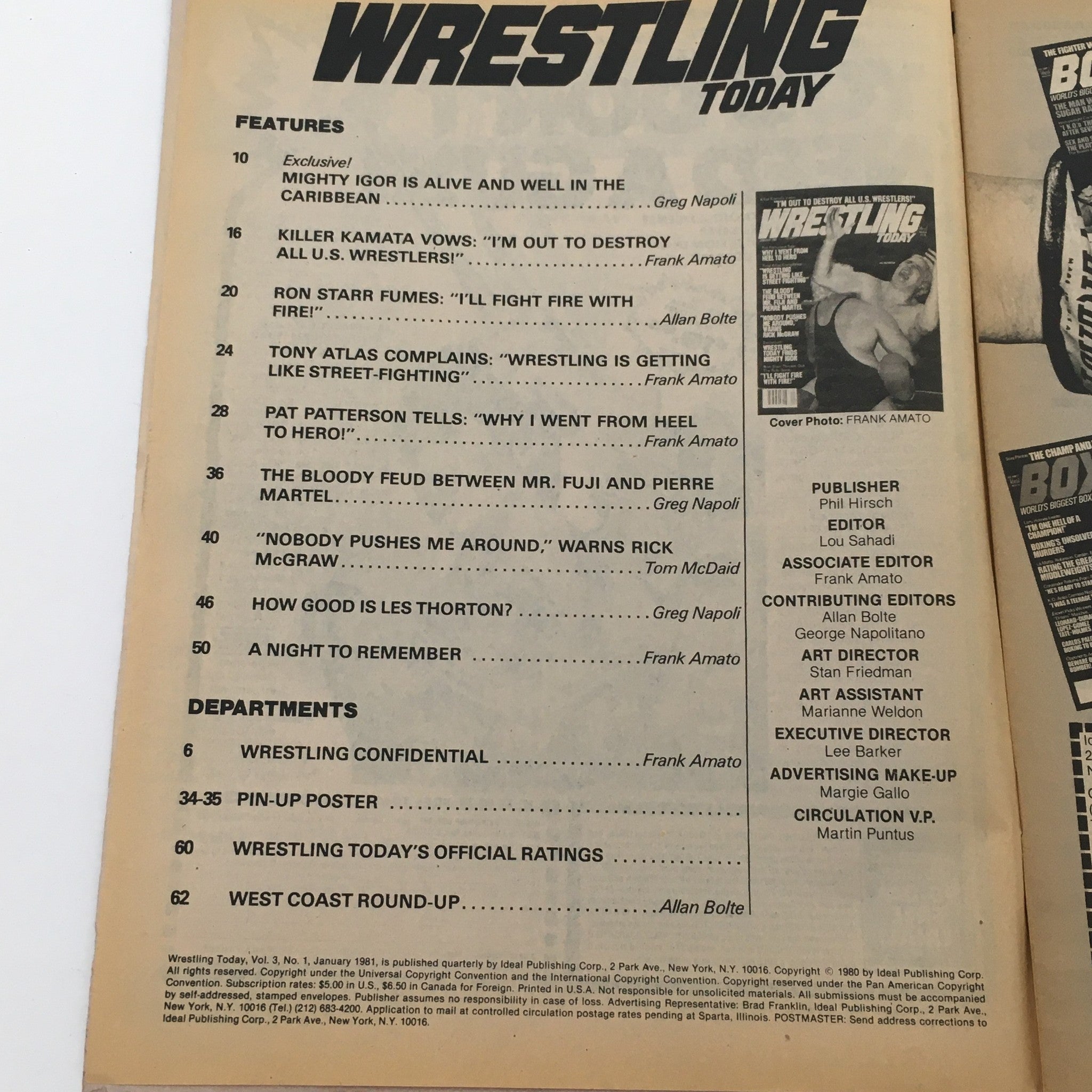 Inside page of Wrestling Today Magazine, January 1981 listing features including interviews and exciting articles about wrestling personalities like Pat Patterson and Killer Kamata.