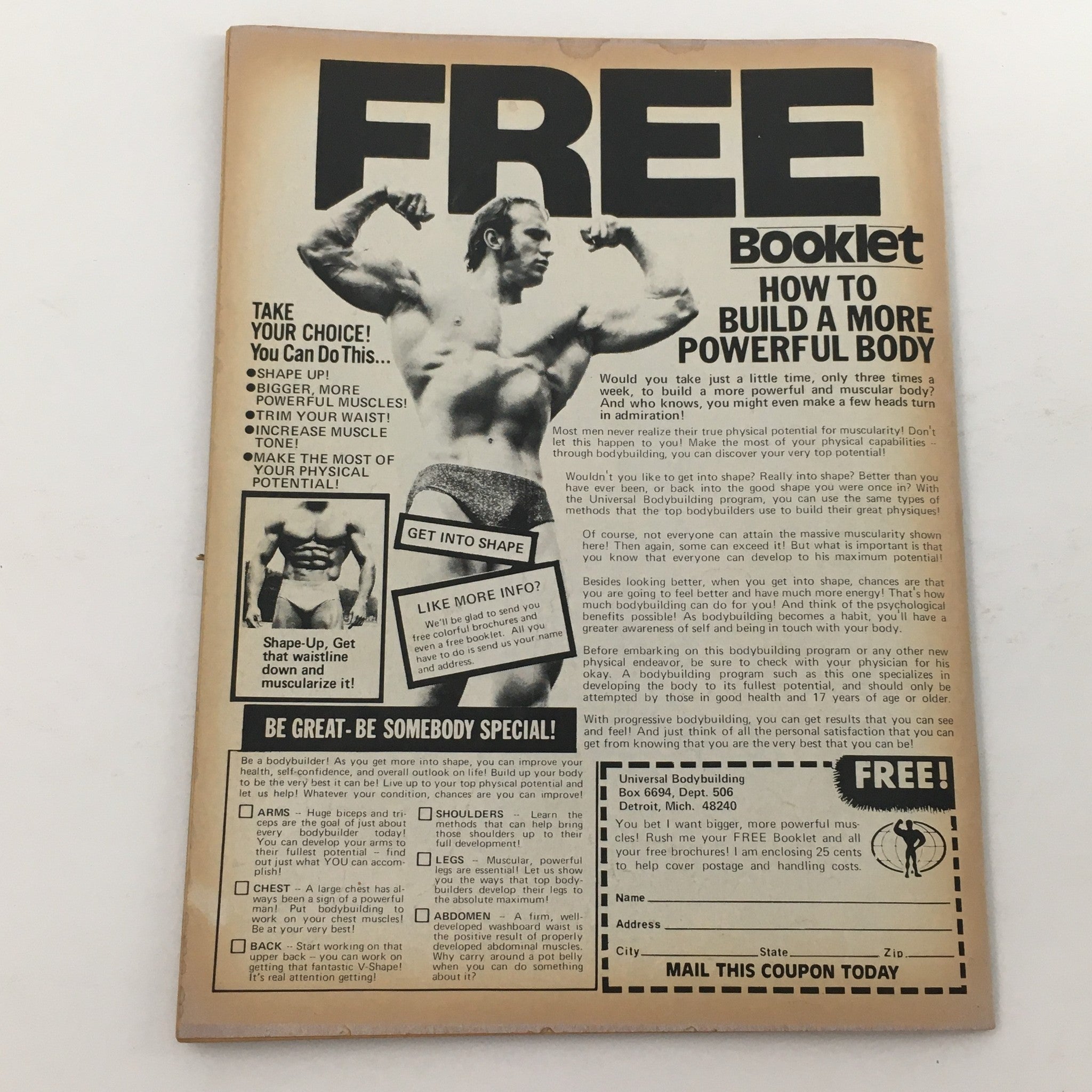 Back cover of Wrestling Today Magazine, January 1981 promoting a free booklet on how to build a more powerful body, emphasizing fitness and strength.