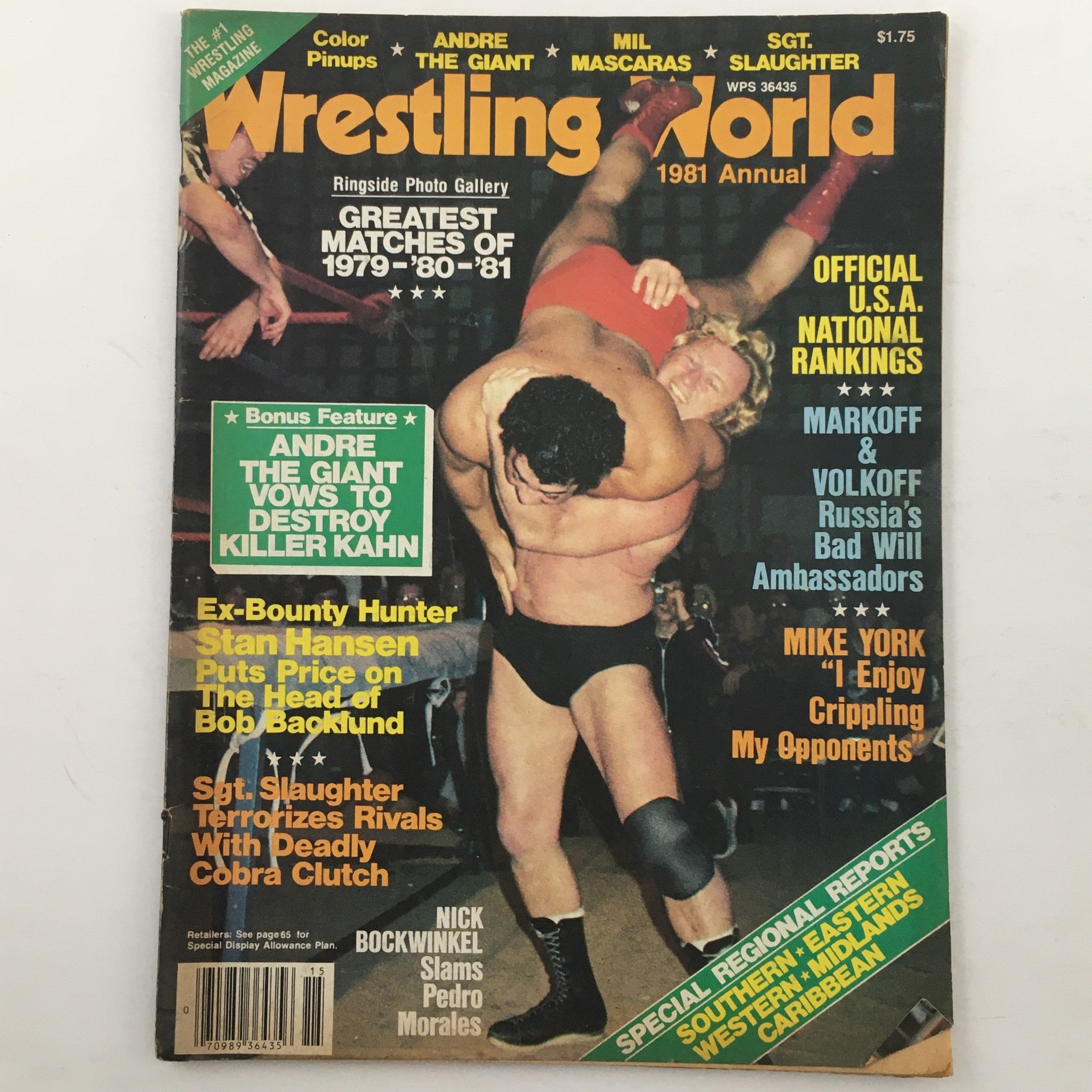 Wrestling World Magazine 1981 featuring Andre the Giant, Mil Mascaras, and Sgt. Slaughter on the cover, showcasing wrestling action with dynamic imagery from the era, highlighting iconic matches and wrestlers.