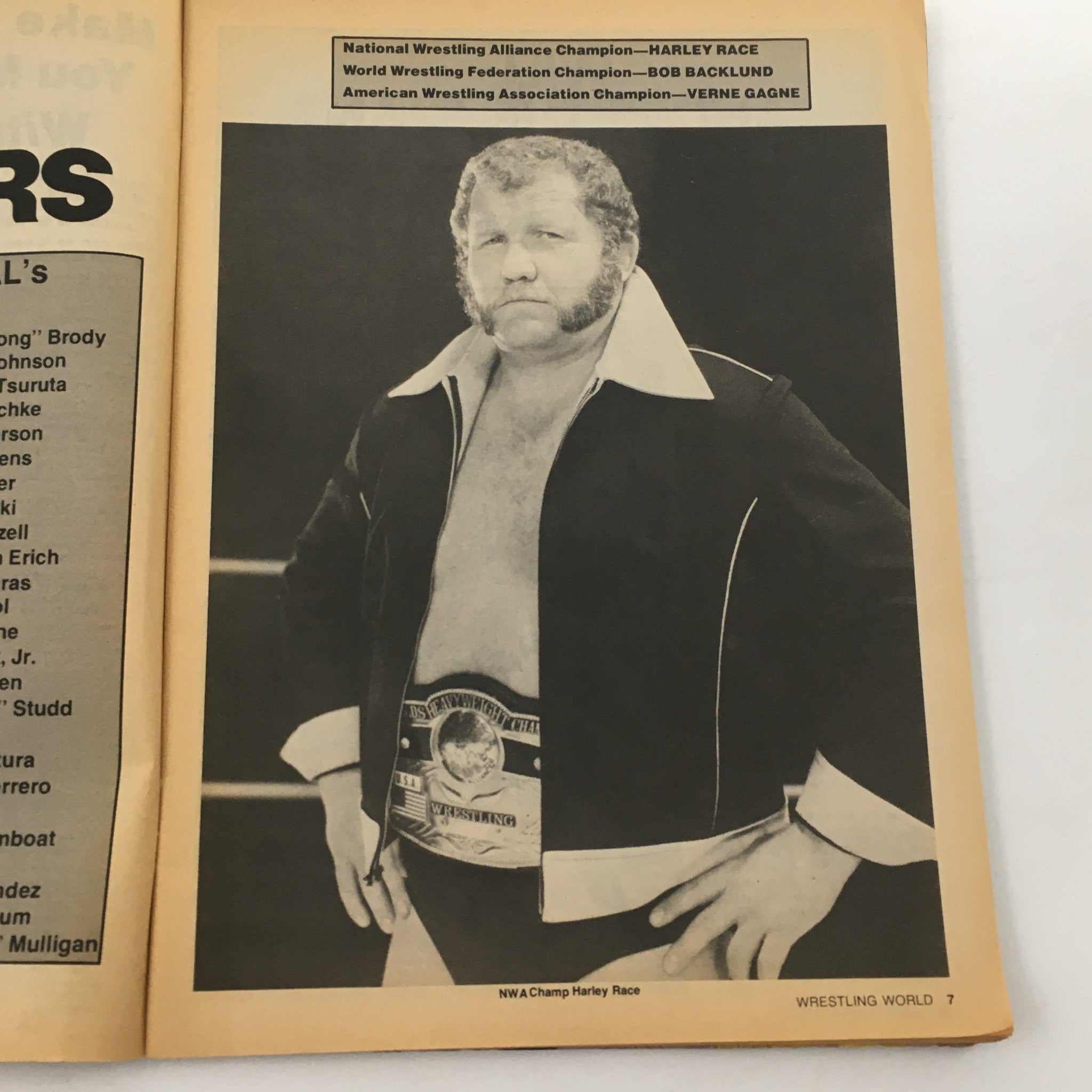Wrestling World Magazine 1981 page featuring Harley Race, a renowned wrestling champion, in a classic black and white photograph.