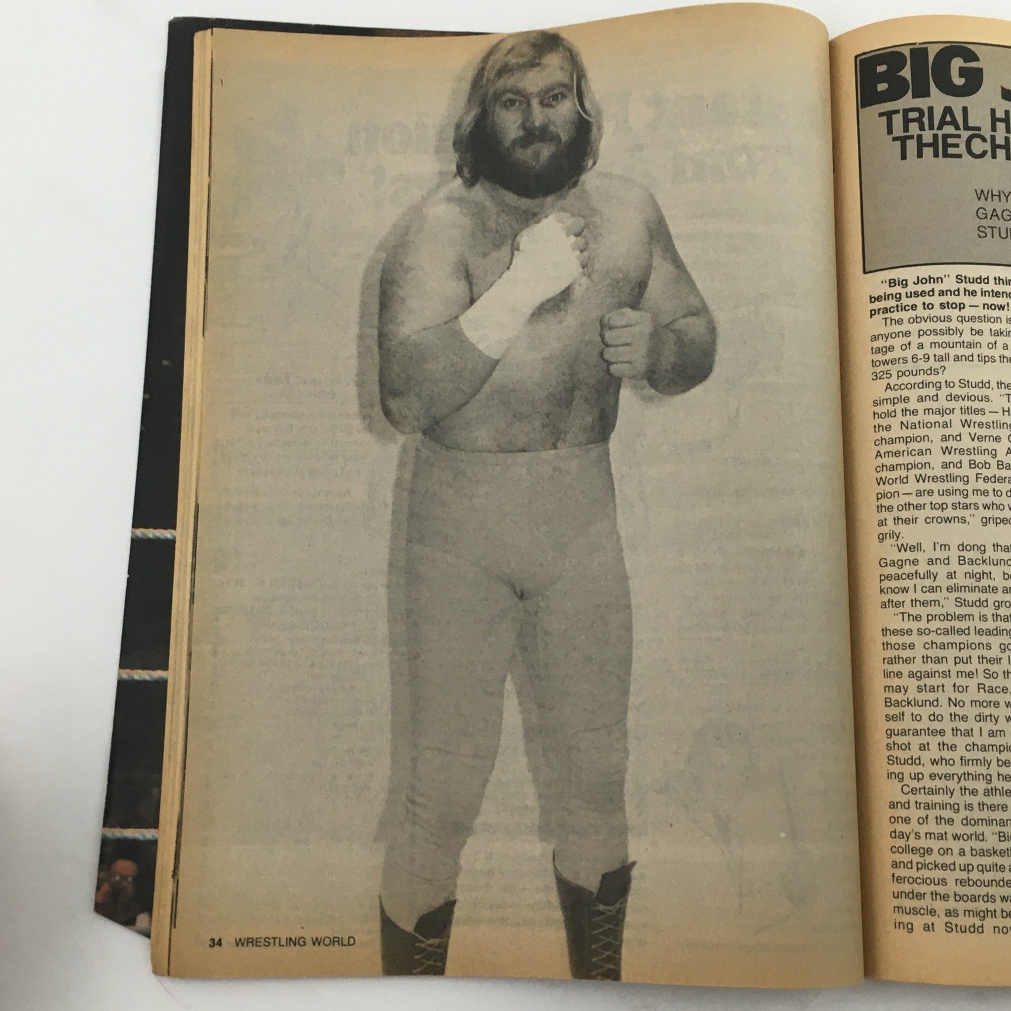 Interior page of Wrestling World Magazine 1981 showcasing 'Big John' Studd, a famous professional wrestler, highlighting his muscular physique and iconic wrestling attire. This image is part of the collectible issue featuring legends like Andre the Giant, Mil Mascaras, and Sgt. Slaughter.