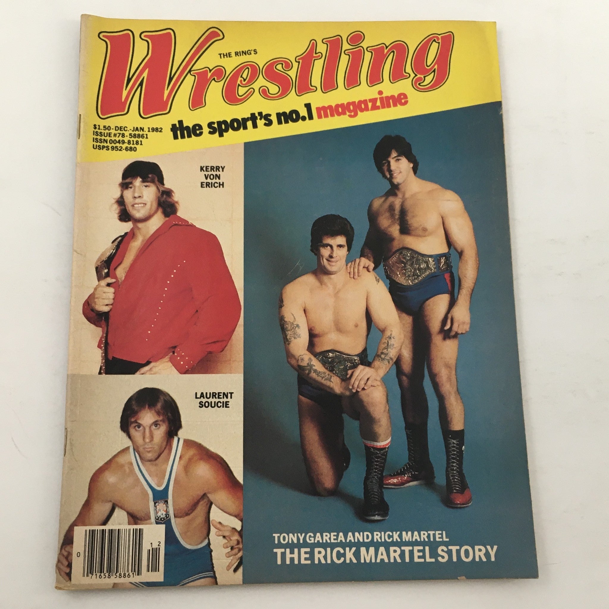 The Ring's Wrestling Magazine December-January 1982, issue #78 featuring the cover with the Rick Martel story, showcasing wrestlers Kerry Von Erich, Tony Garea, and Rick Martel with championship belts.