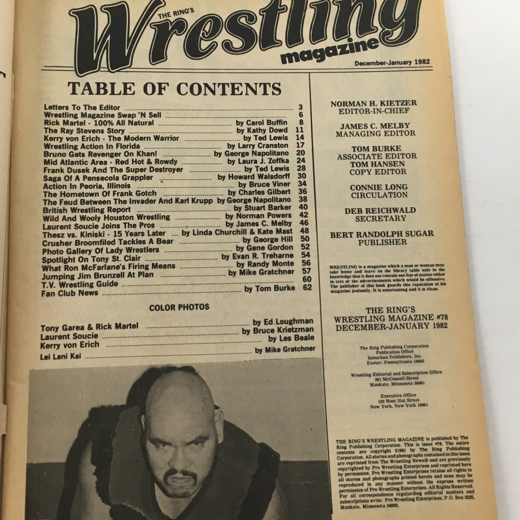 Inside spread of The Ring's Wrestling Magazine December-January 1982, issue #78 including the table of contents, highlighting articles on Rick Martel, Kerry Von Erich, and various wrestling events.