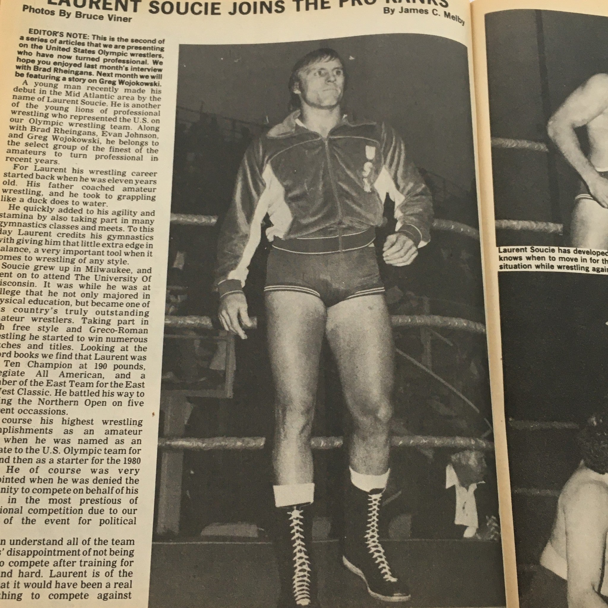Laurent Soucie featured in The Ring's Wrestling Magazine December-January 1982 #78, showcasing his entrance in professional wrestling attire, highlighting his background as a former Olympic wrestler.