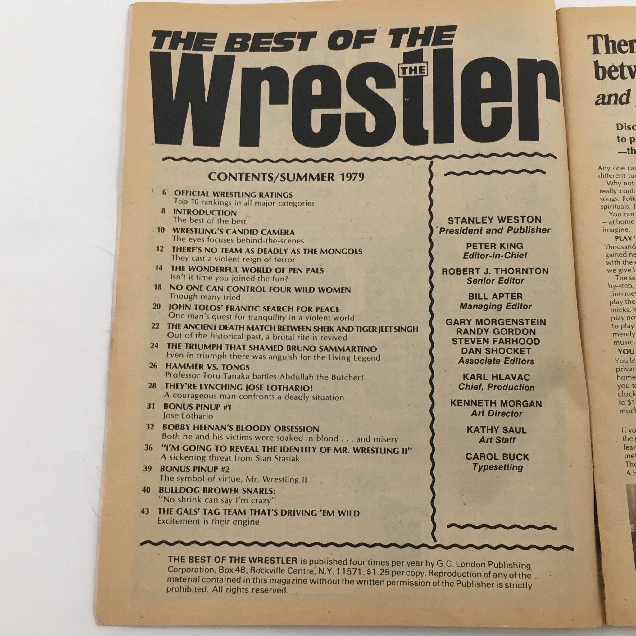 Inside cover of The Best of the Wrestler Magazine Summer 1979 displaying the contents page, listing articles and features on wrestling topics from that era.