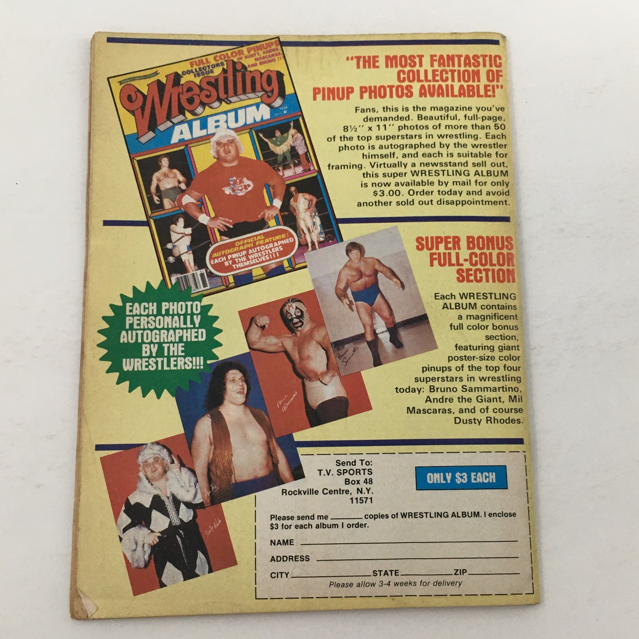 Wrestling Album advertisement featuring stunning pinup photos of professional wrestlers. Includes a promotional offer with autographed photos. Title: The Best of the Wrestler Magazine Summer 1979.