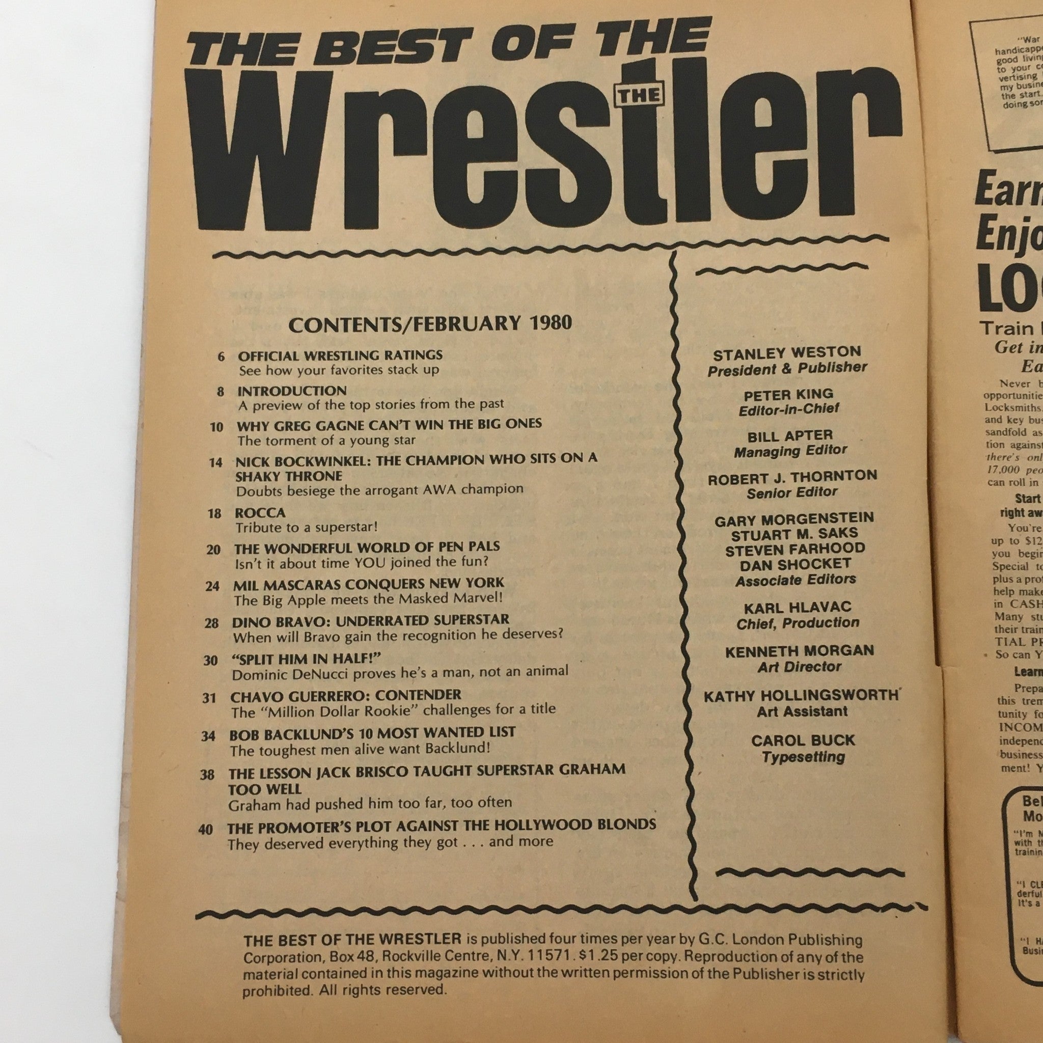 Contents page of The Best of the Wrestler Magazine February 1980, detailing articles about wrestling stars and events from that era.