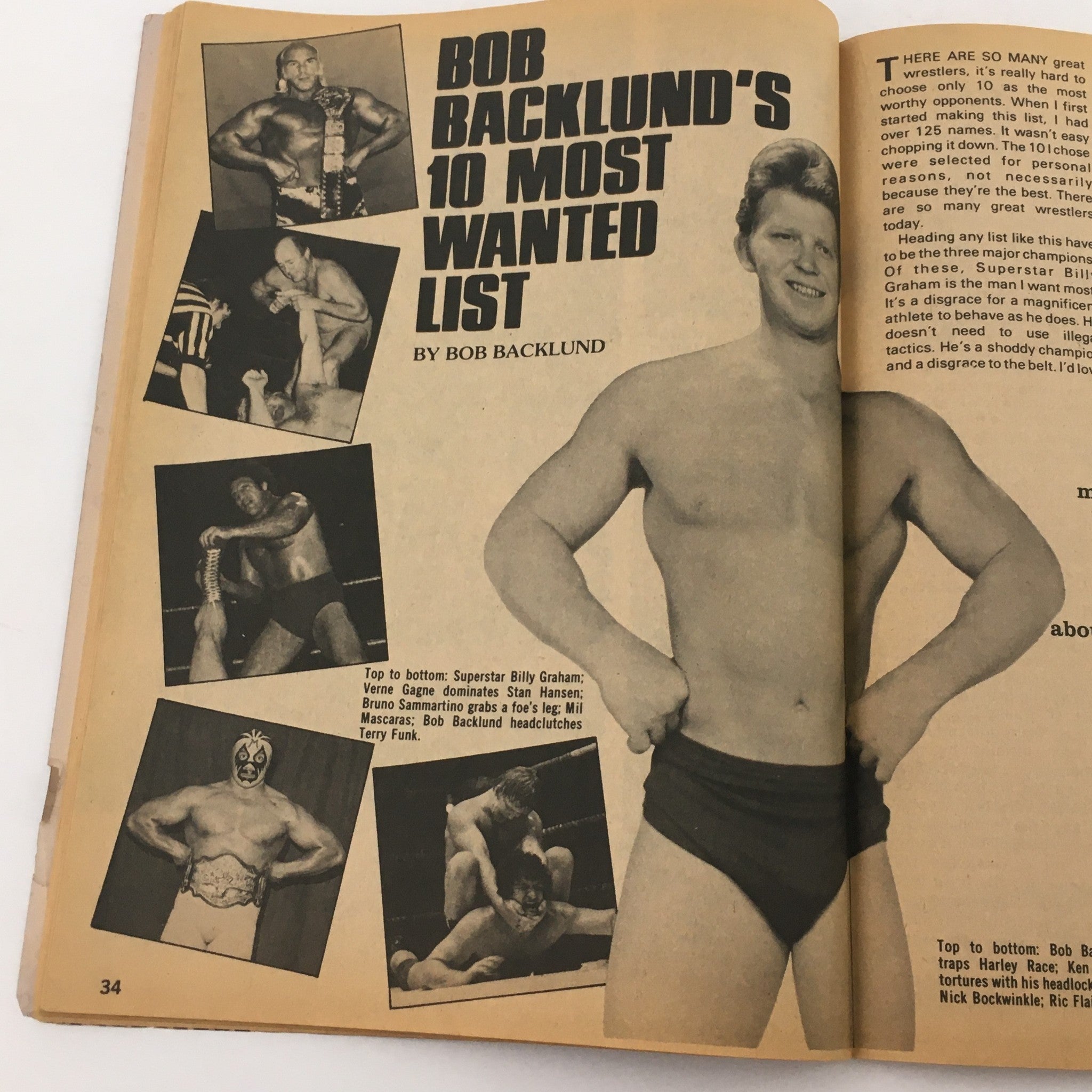 Interior page from The Best of the Wrestler Magazine February 1980 displaying Bob Backlund's '10 Most Wanted List' alongside images of wrestlers including Billy Graham and Verne Gagne.