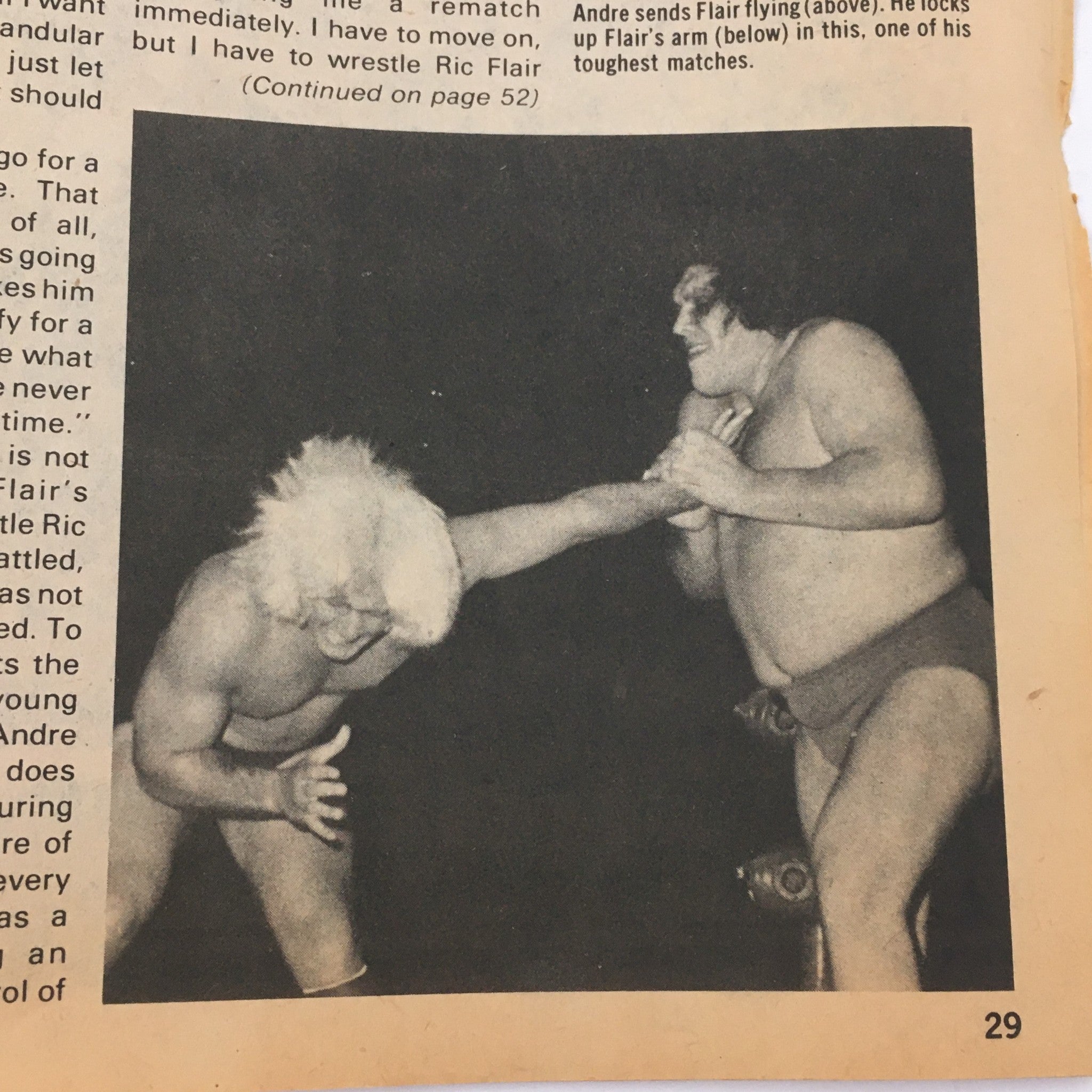Image from The Best of the Wrestler Magazine Spring 1981 showing iconic wrestlers Ric Flair and Andre the Giant engaged in a match. This collectible magazine captures a significant moment in professional wrestling history.