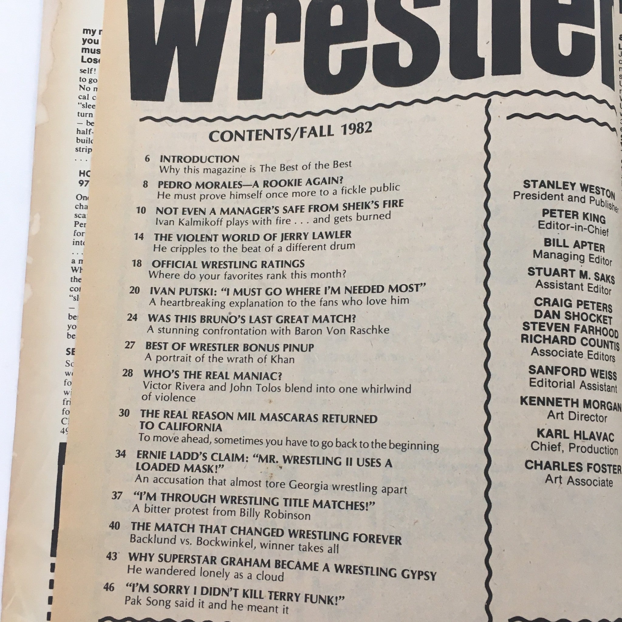 Contents page of The Best of the Wrestler Magazine Fall 1982, listing various wrestling articles and features.