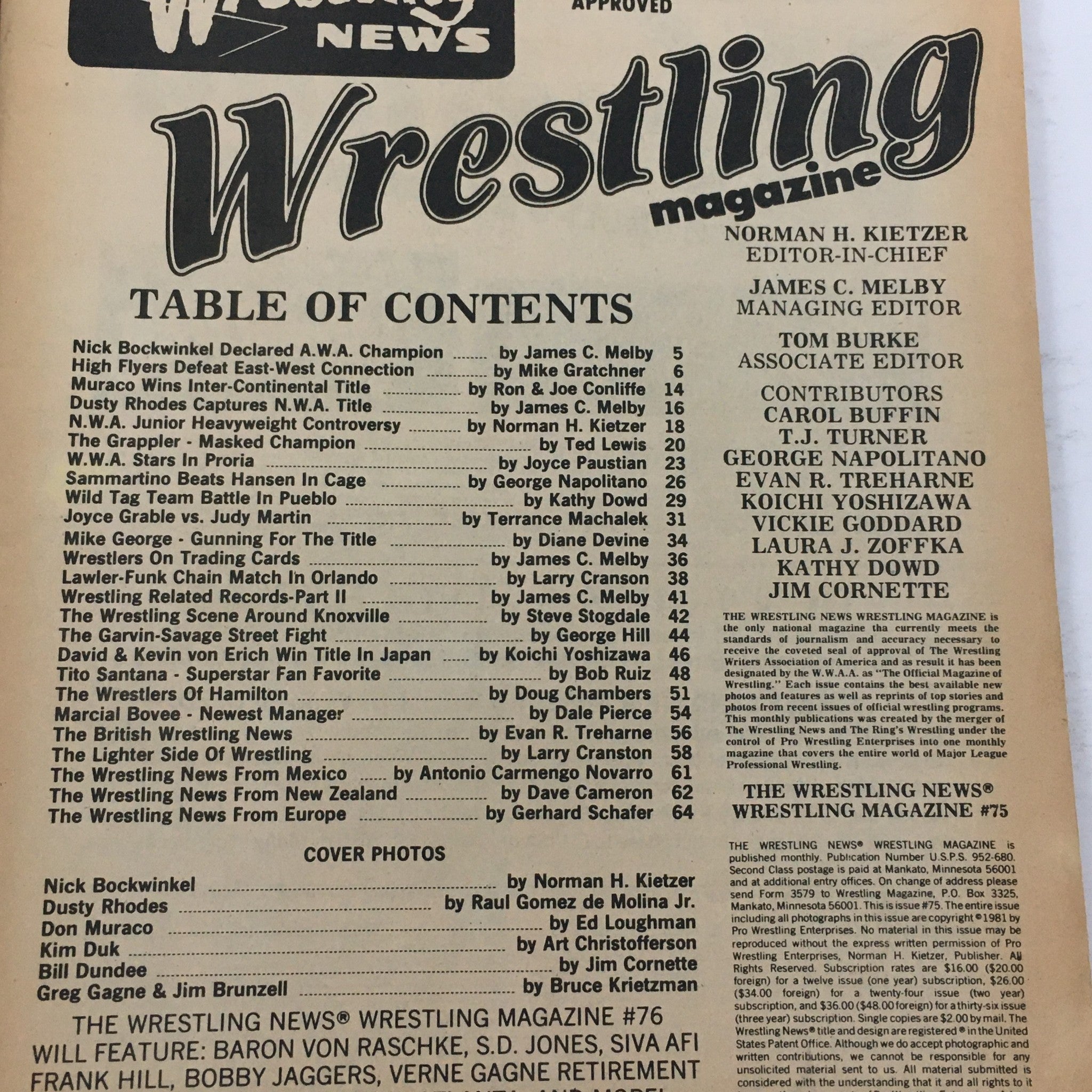 Wrestling Magazine #75 1981 cover featuring Table of Contents with notable articles and contributions.