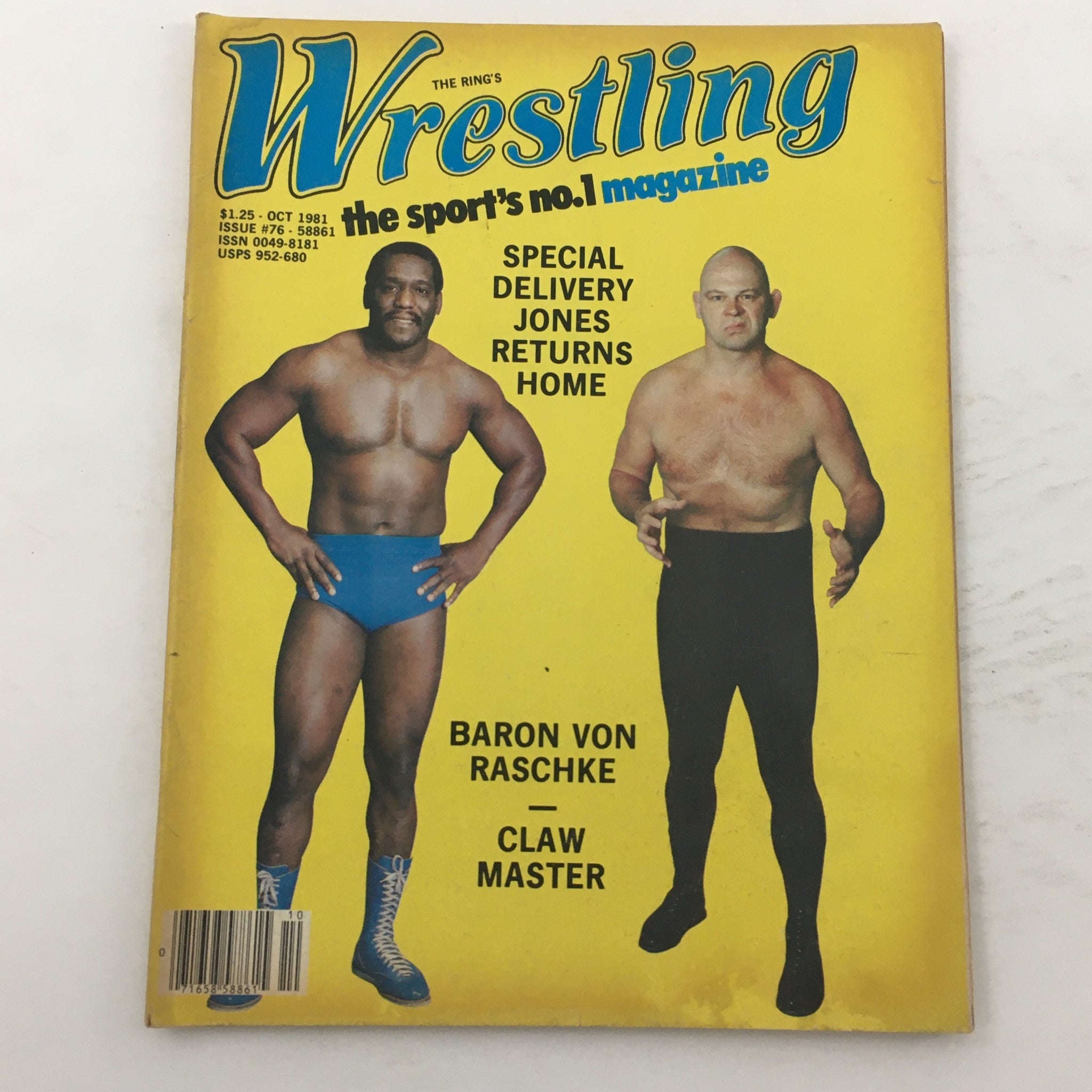 Cover of The Ring's Wrestling Magazine October 1981 featuring Baron Von Raschke and Special Delivery Jones, showcasing vintage wrestling artwork.