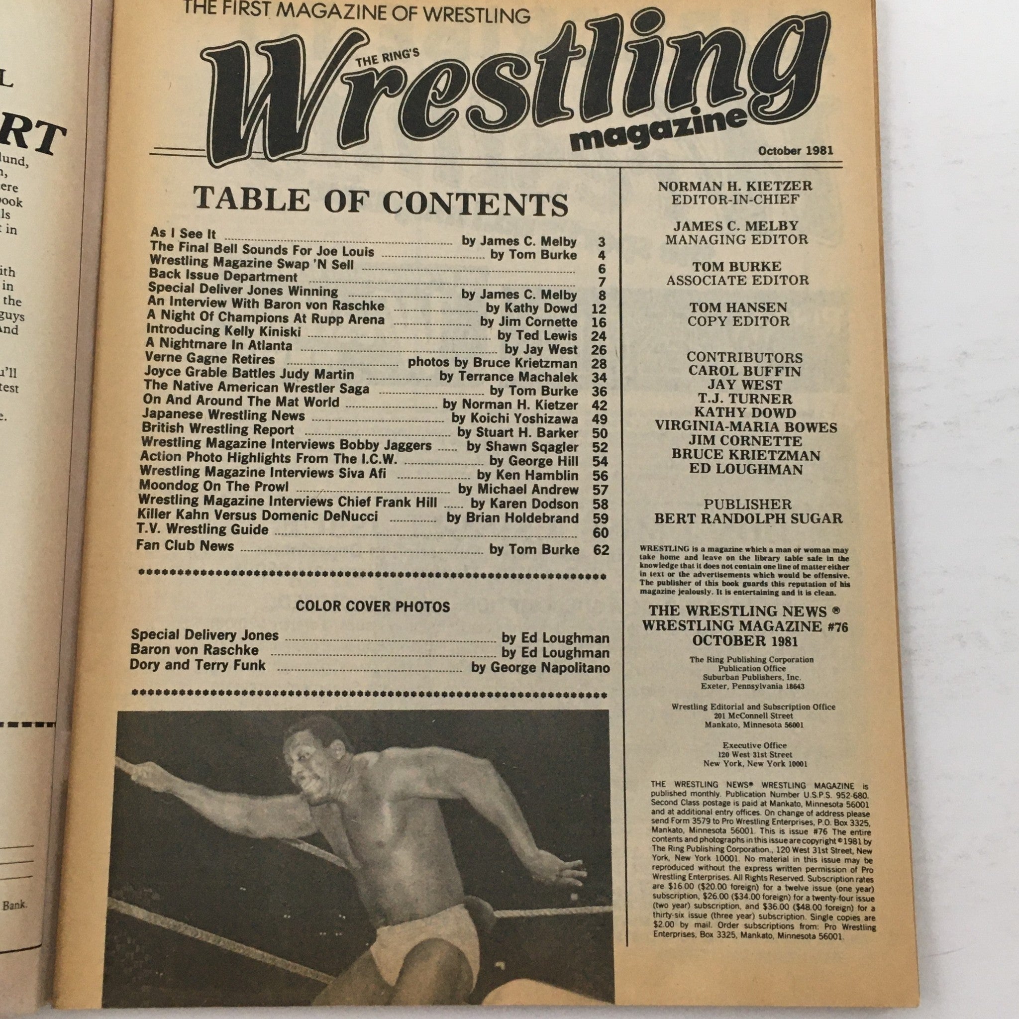Table of contents page from The Ring's Wrestling Magazine October 1981, including articles and highlights from wrestling legends.