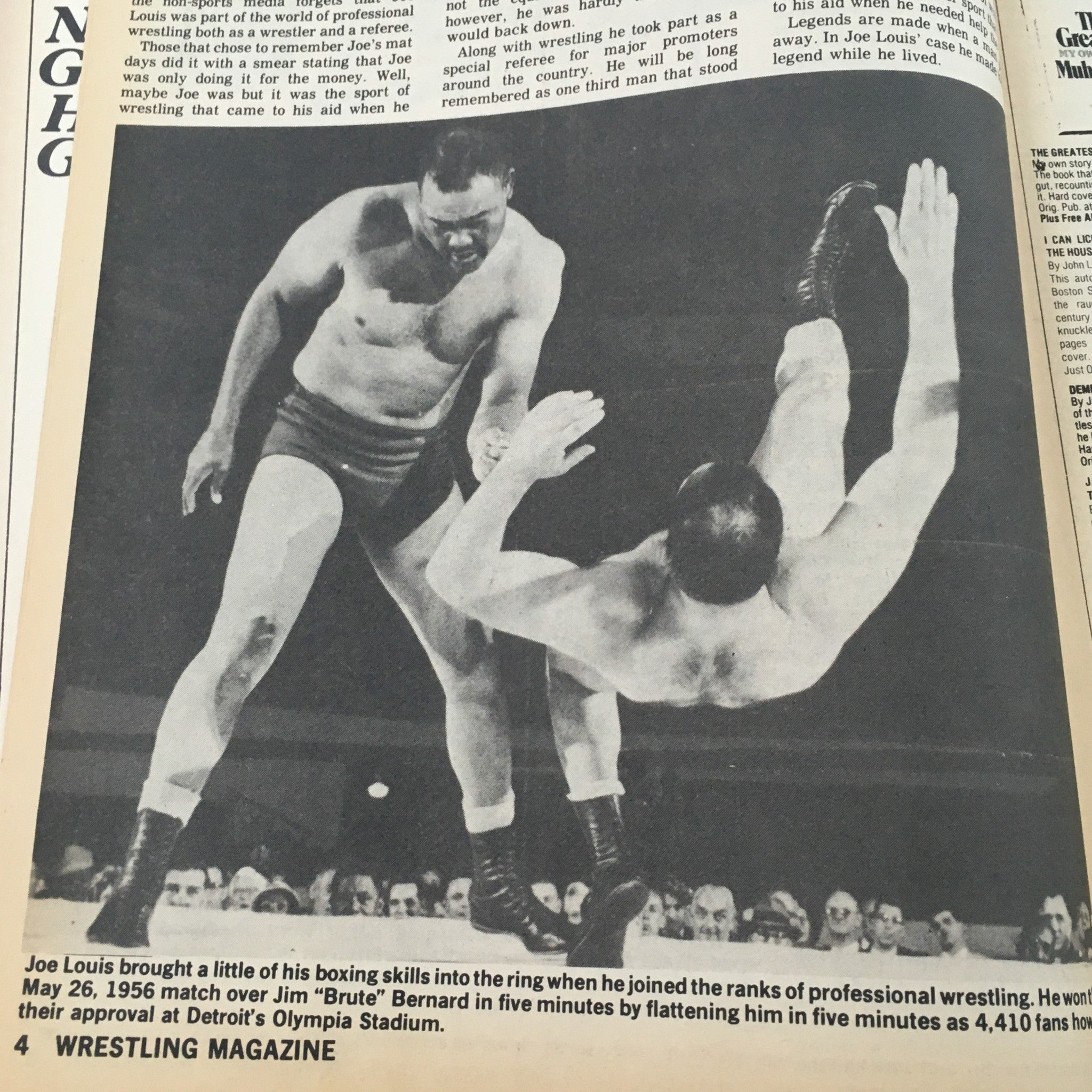 Historic wrestling match depiction featuring Joe Louis in The Ring's Wrestling Magazine October 1981, illustrating the blend of boxing and professional wrestling.