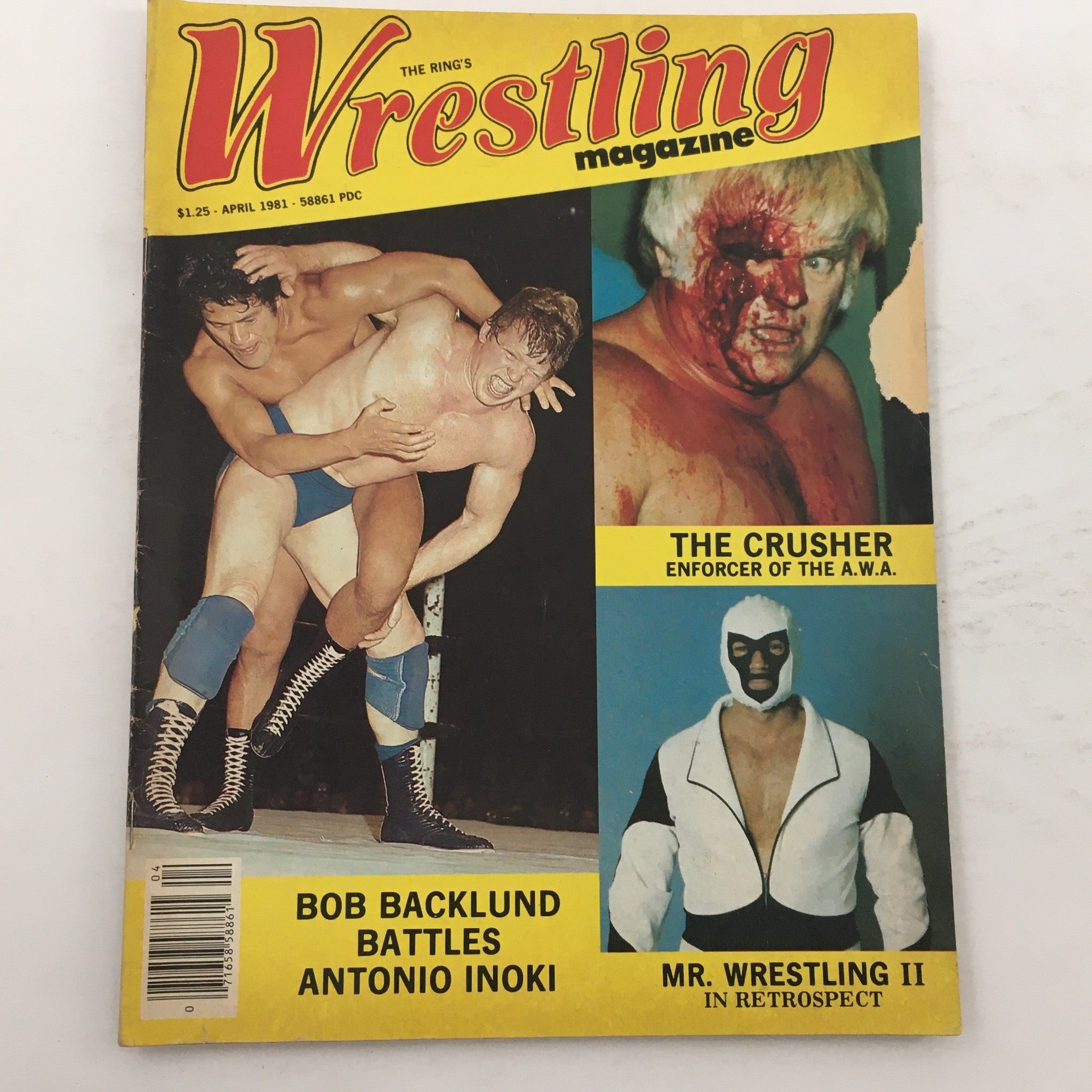 Cover of The Ring's Wrestling Magazine, April 1981, featuring Bob Backlund battling Antonio Inoki, The Crusher, and Mr. Wrestling II.