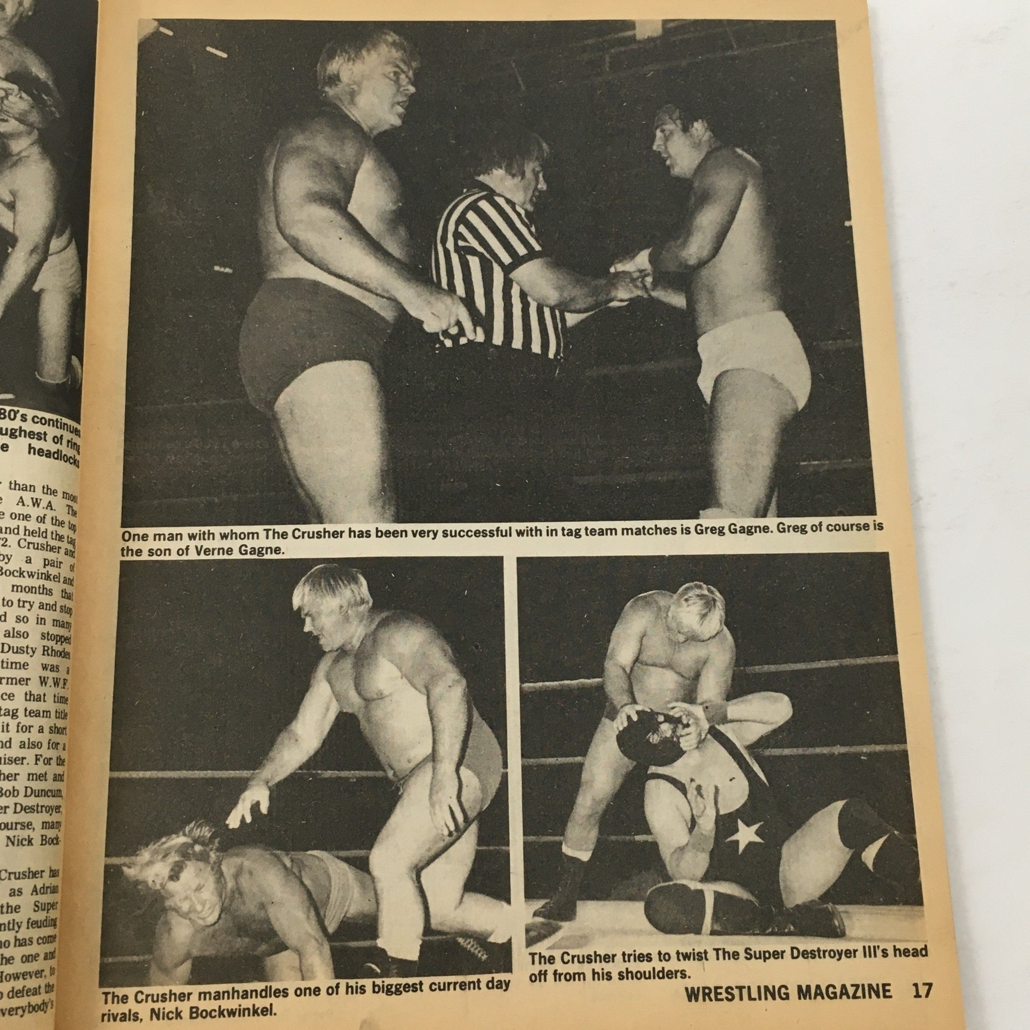 The Crusher in action as featured in The Ring's Wrestling Magazine April 1981, illustrating his dynamic matches against rivals like Nick Bockwinkel, captured in a series of iconic wrestling poses.