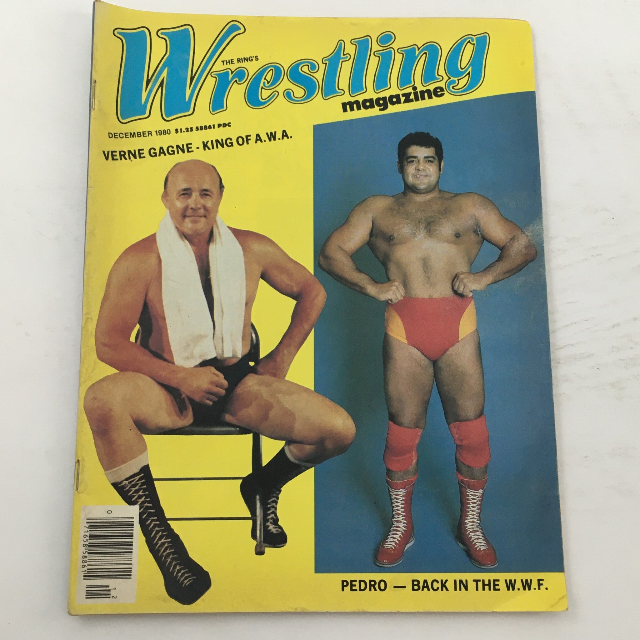 The Ring's Wrestling Magazine December 1980 cover featuring Verne Gagne and Pedro Morales, showcasing classic wrestling styles.