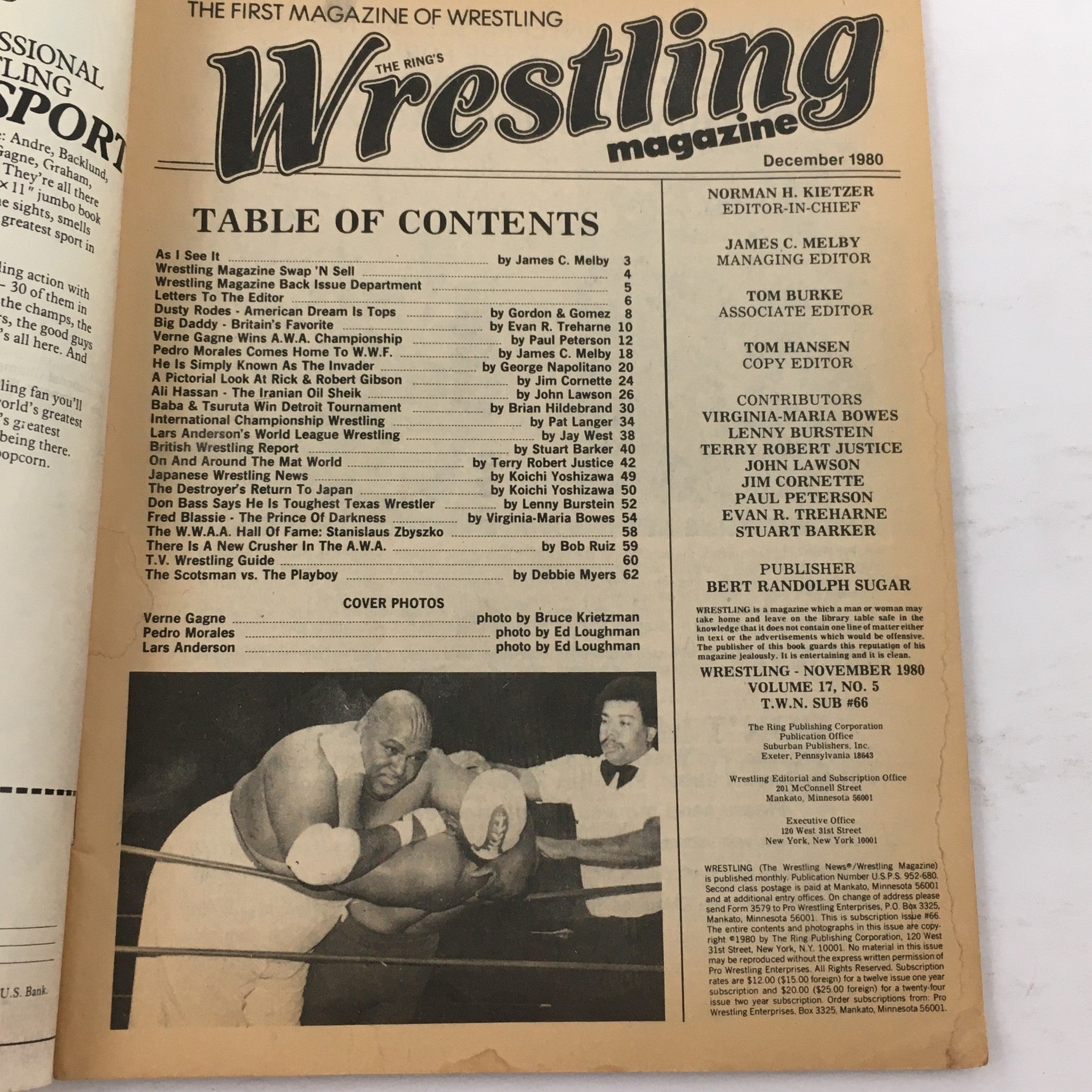 Interior page of The Ring's Wrestling Magazine December 1980 displaying the table of contents with features on wrestling legends.