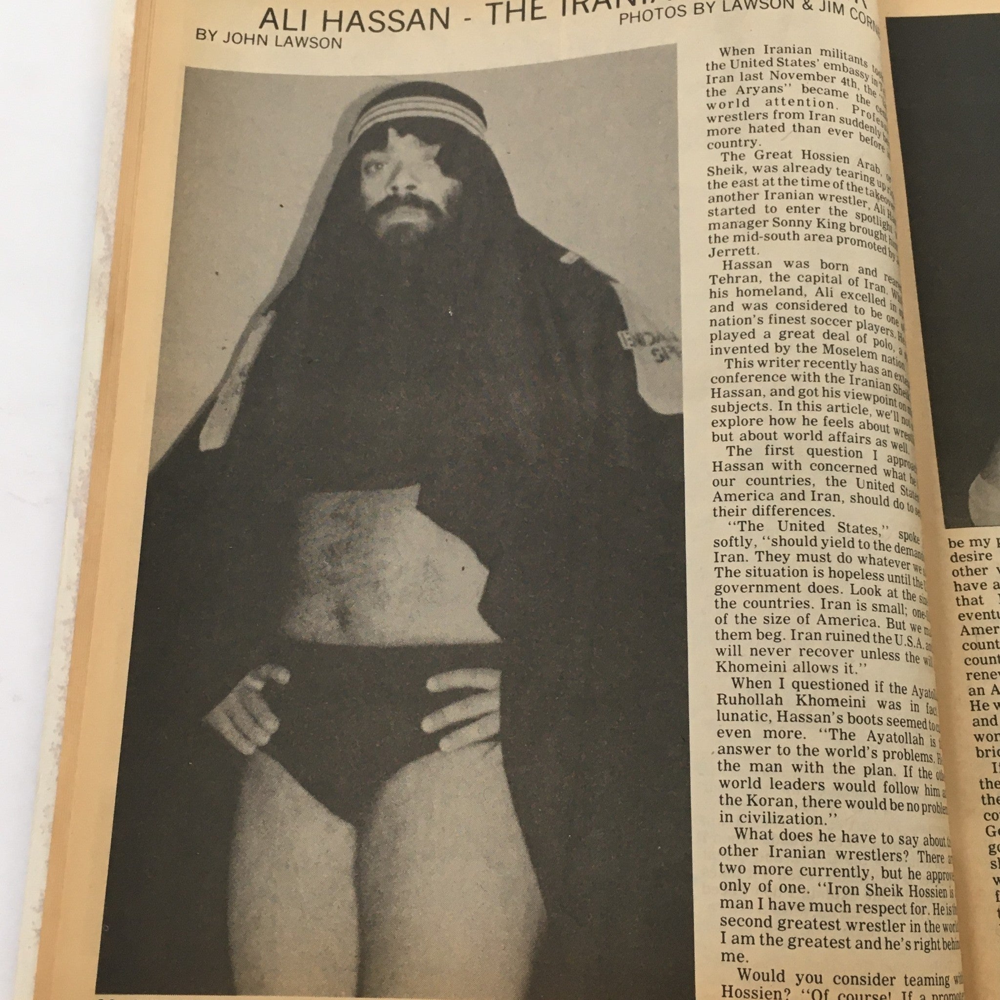 Vintage image of Ali Hassan, the Iranian wrestler, featured in The Ring's Wrestling Magazine December 1980, showcasing his unique costume and wrestling persona.