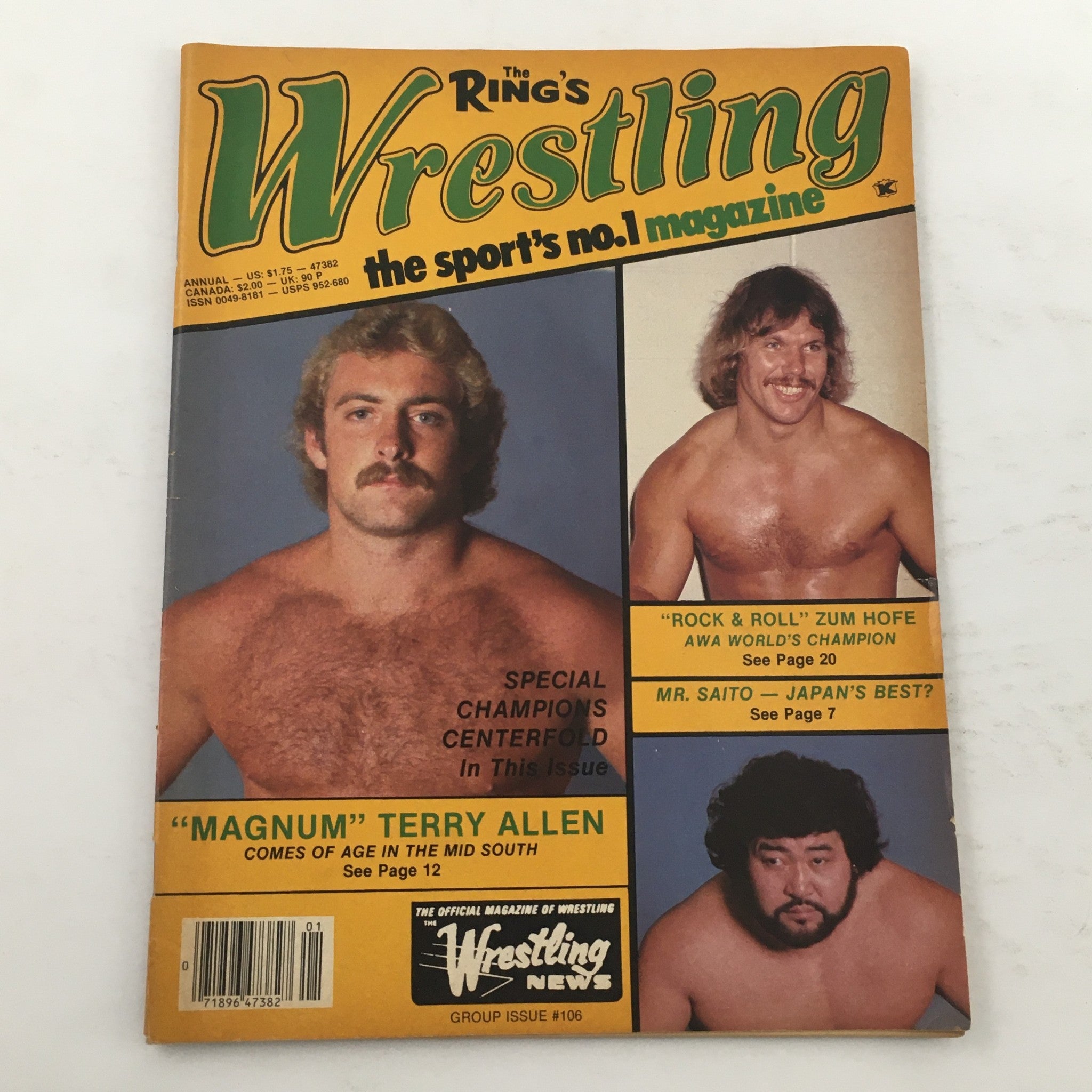 Cover of The Ring's Wrestling Magazine Issue #106 from 1983 featuring wrestlers including Magnum Terry Allen, Rock & Roll Zum Hofe, and Mr. Saito. Perfect collector's item for wrestling fans.