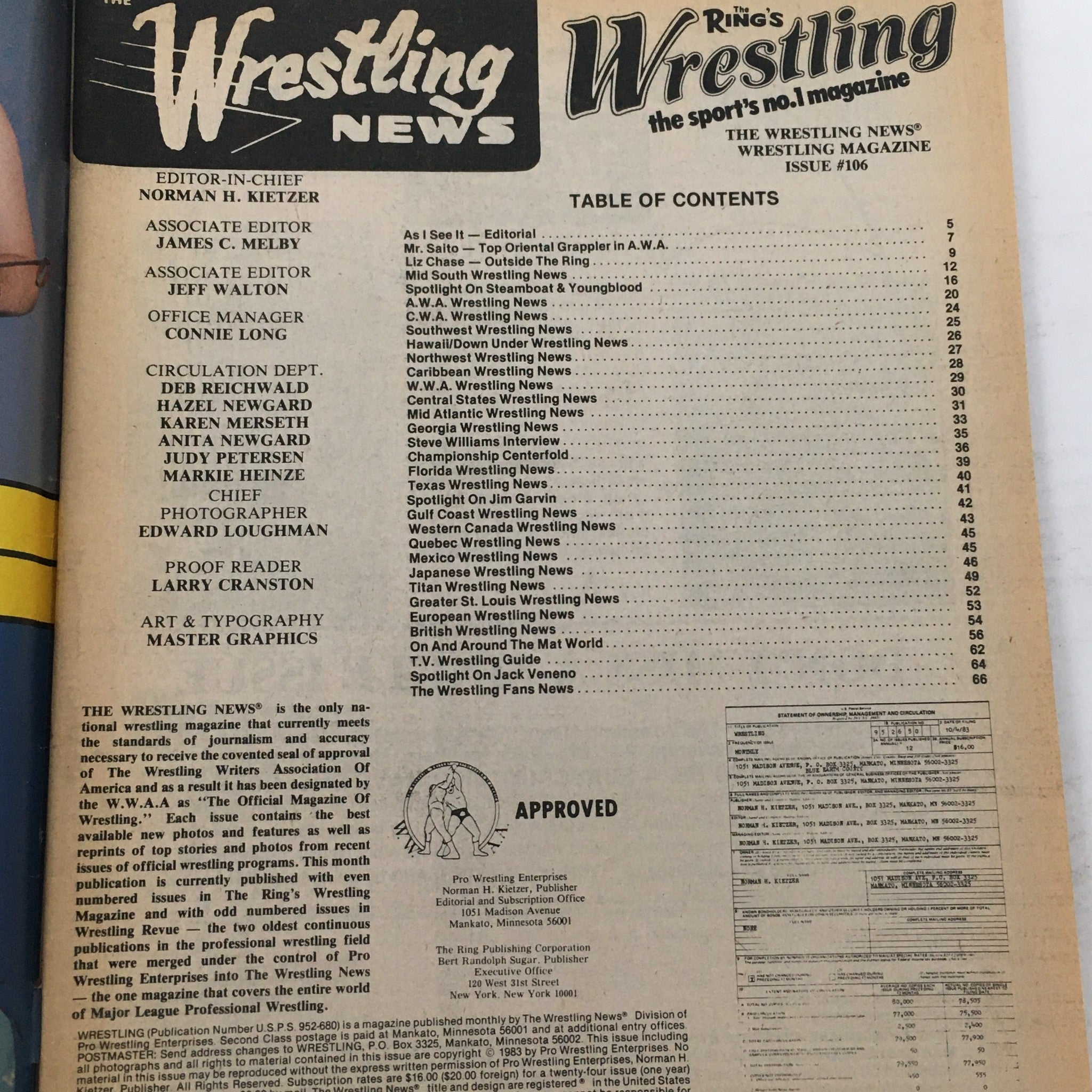 Table of contents from The Ring's Wrestling Magazine Issue #106, detailing articles and features about prominent wrestlers, including Mr. Saito and highlights of wrestling events.