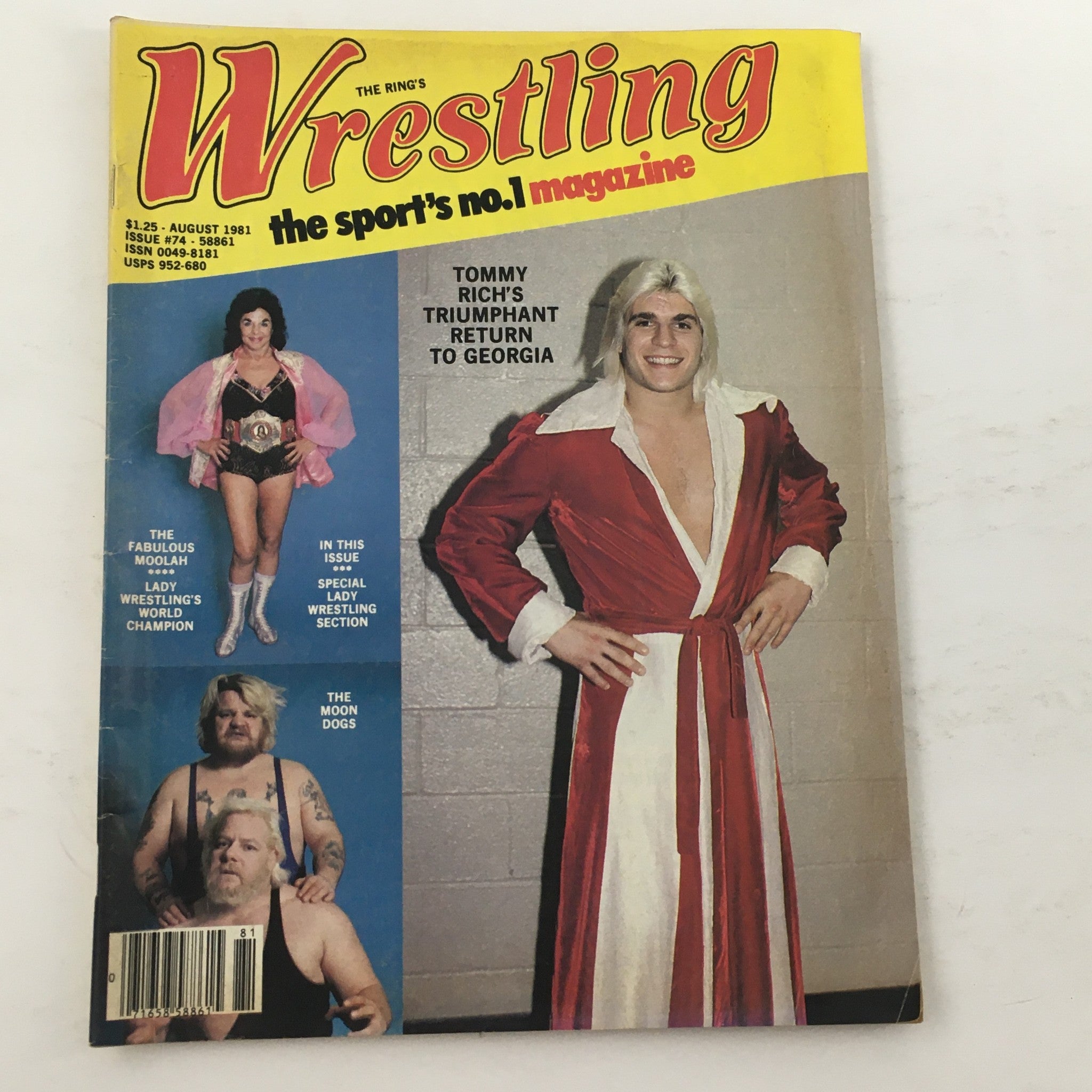 The Ring's Wrestling Magazine August 1981 issue #74 featuring Tommy Rich on the cover, showcasing The Fabulous Moolah and celebrating Rich's return to Georgia.