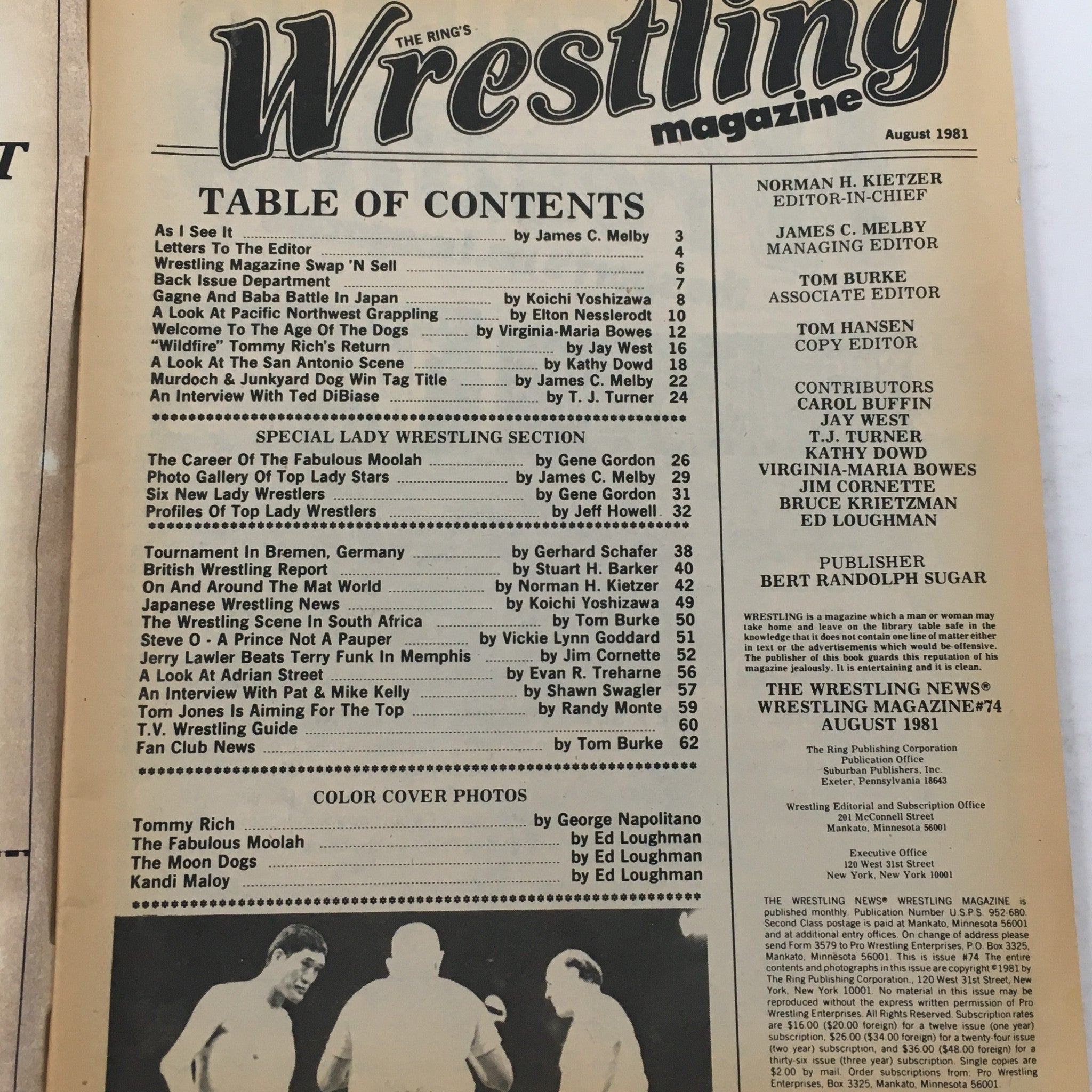 Table of contents from The Ring's Wrestling Magazine August 1981 issue #74, detailing articles including features on The Fabulous Moolah and the female wrestling section.