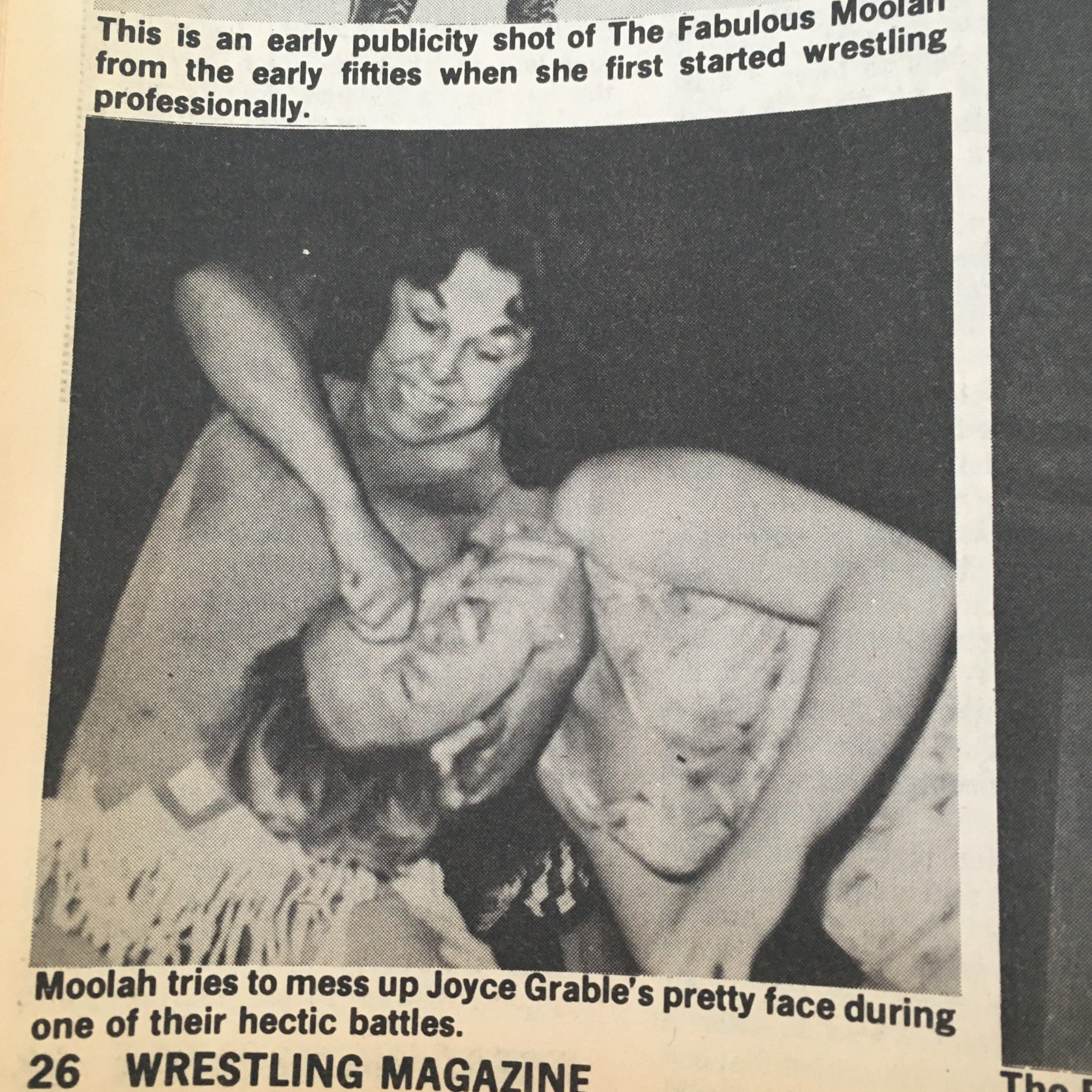 An early publicity shot of The Fabulous Moolah featured in The Ring's Wrestling Magazine August 1981 issue #74, capturing a fierce moment during a wrestling match.