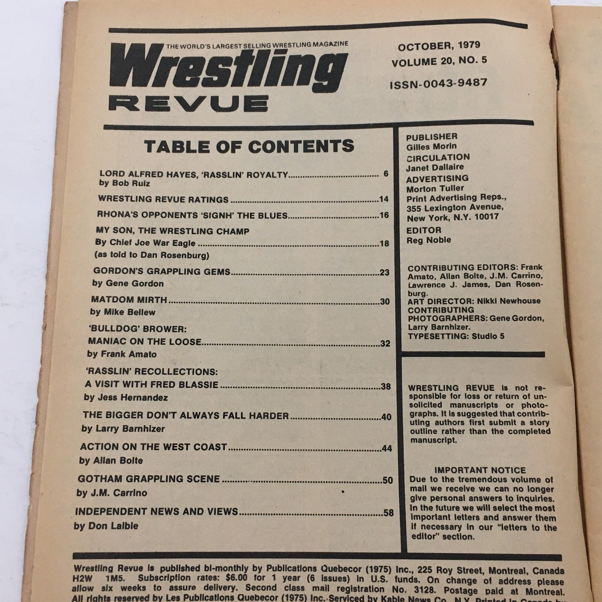 Wrestling Revue Magazine October 1979 Bulldog Brower and Lord Alfred Hayes