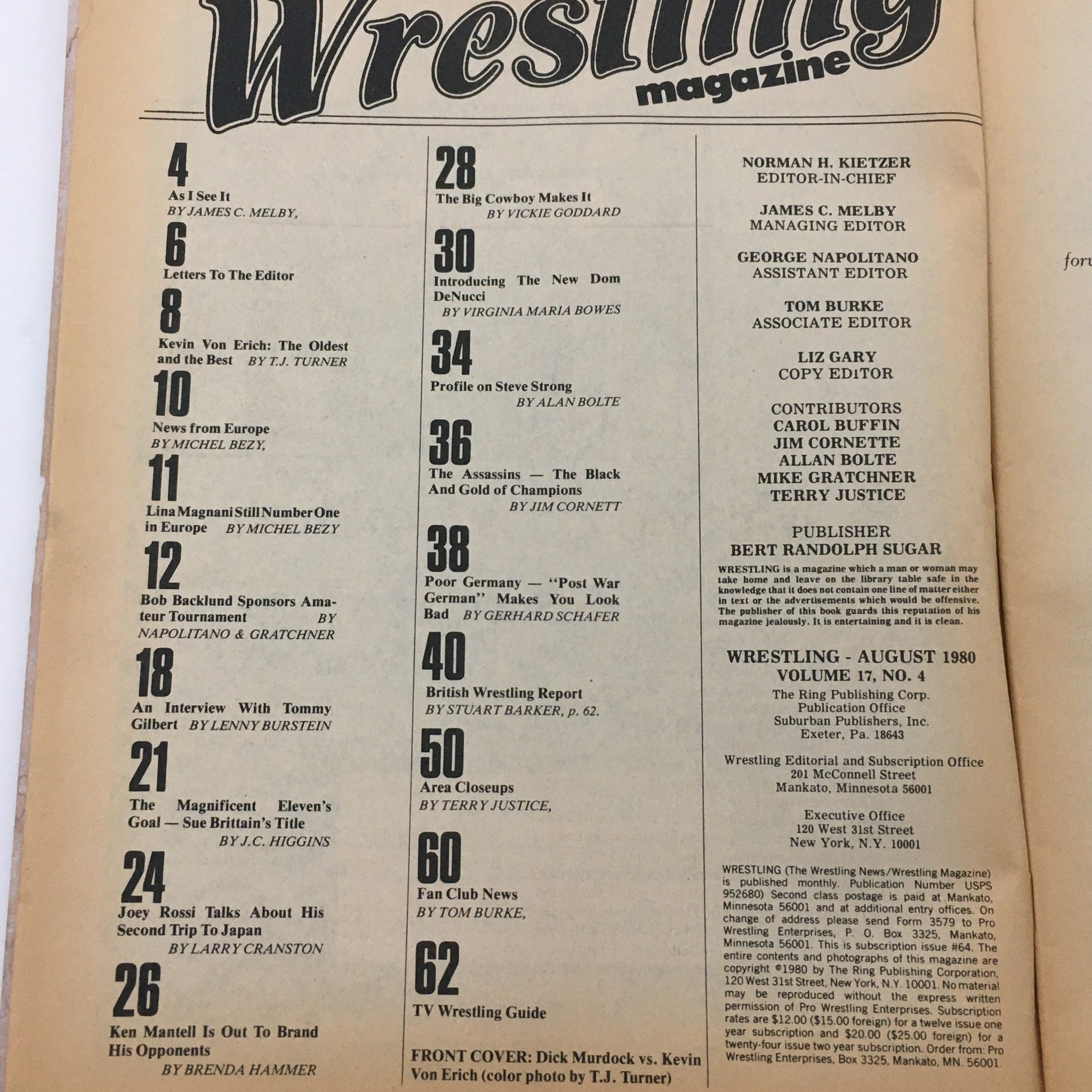 Interior page from Wrestling Magazine September 1980 showcasing the table of contents, revealing articles about wrestlers and significant events.