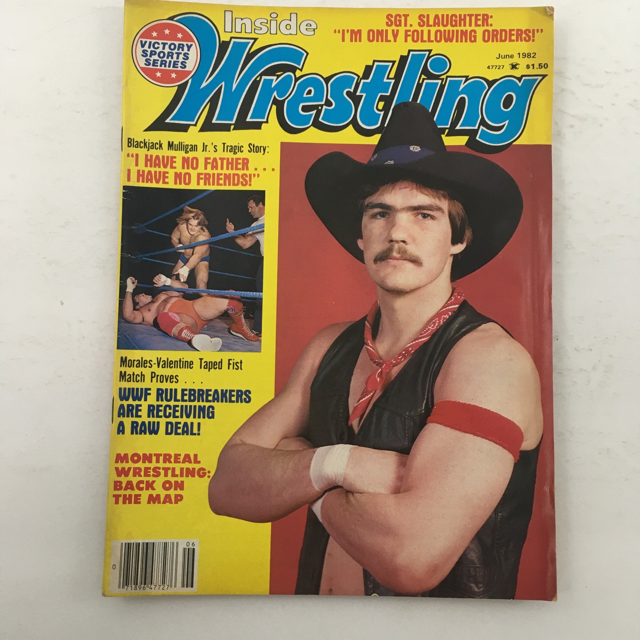 Inside Wrestling Magazine June 1982 cover featuring a cowboy-themed wrestler in a hat and leather vest, with references to Sgt. Slaughter and a featured tragic story.