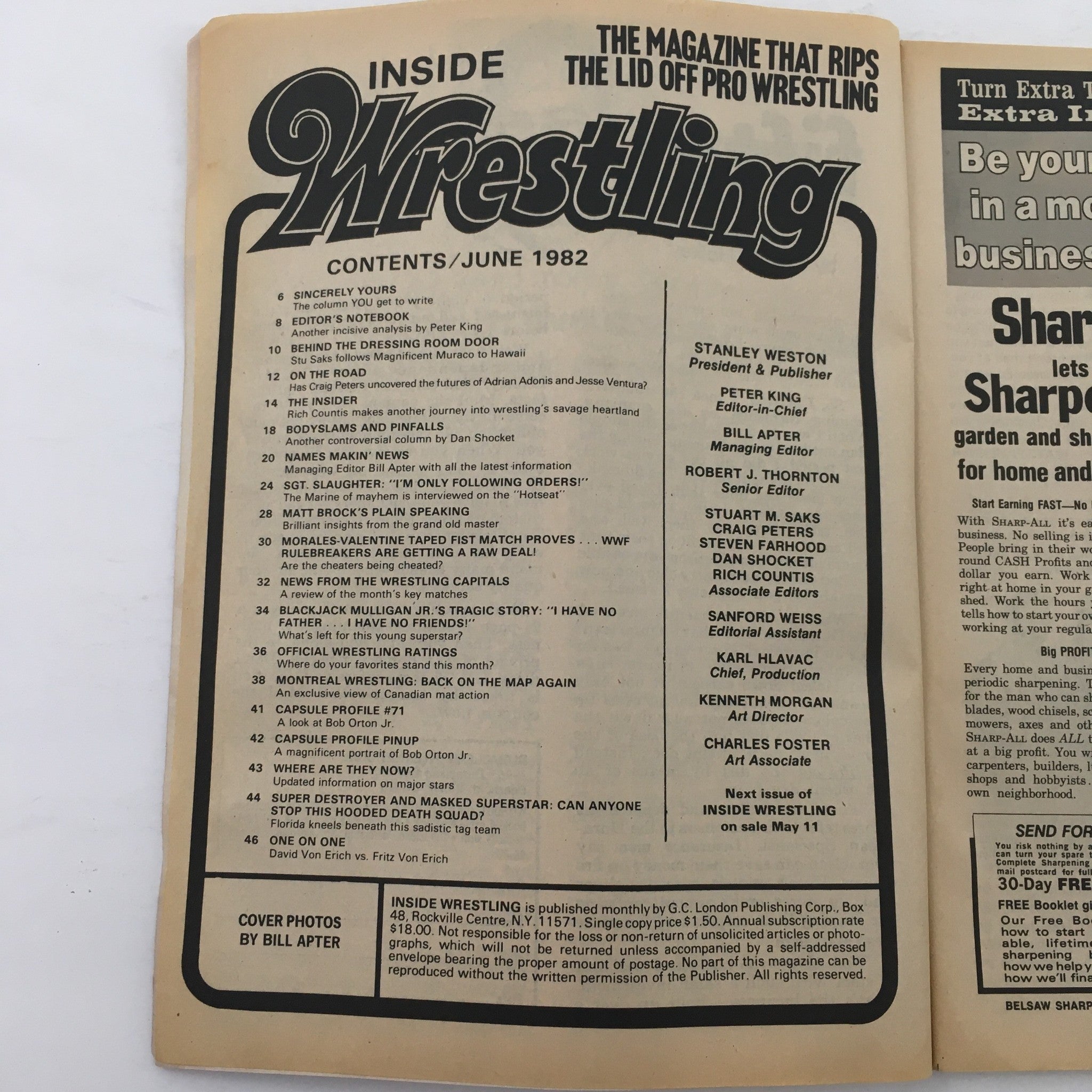 Inside Wrestling Magazine June 1982 contents page showing the issue's articles, including interviews and match previews, highlighting key wrestling figures.